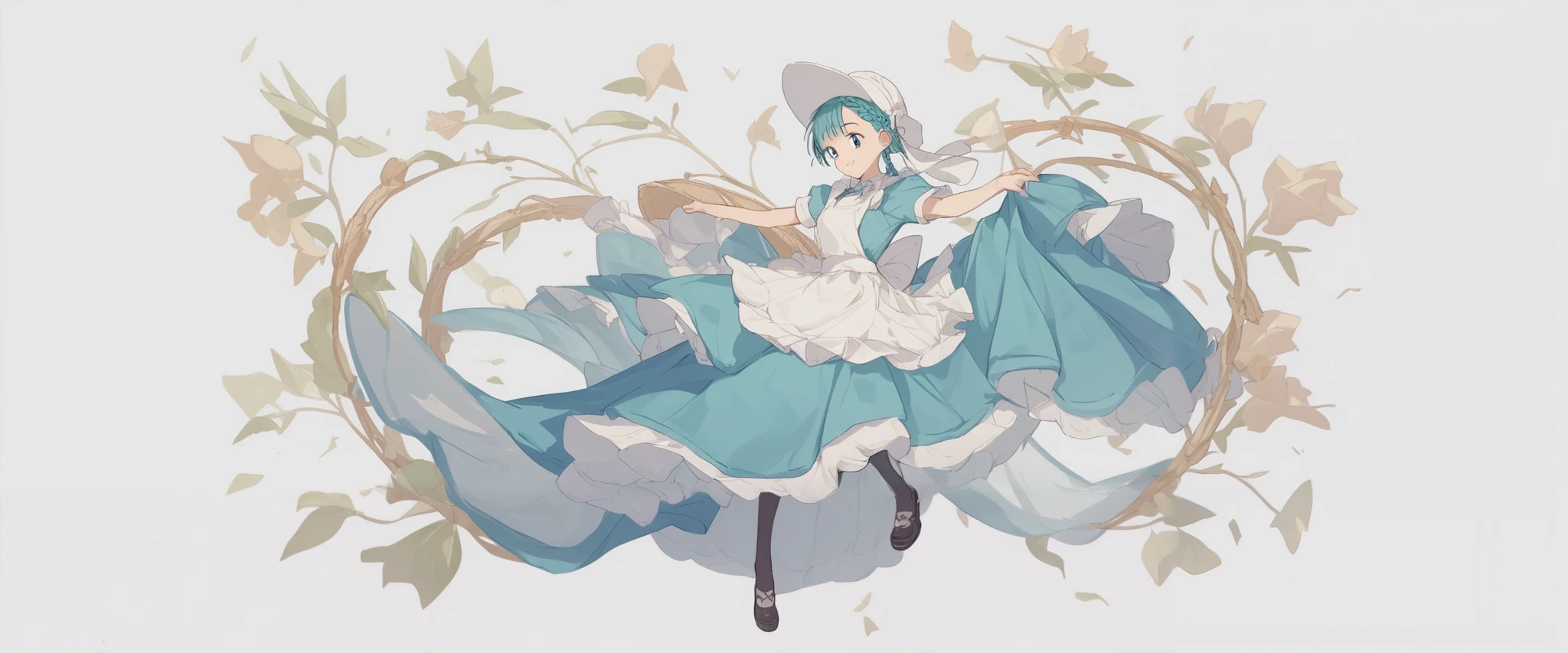 1 girl apron black _ footwear black _Legwear Blue_ eye braid dress full _body hin long_Dress View_in_ viewer made _ apron shoes smile solo standing transparent_ background white _headwear score_9, score_8_ up the side, score_7_ up the side, score_6_ up the side, score_5_ up the side, score_4_ up the side, BREAK source_Anime, Masterpiece、 sit on a chair、The dress flips up、I can see Bulma、Lifting the dress