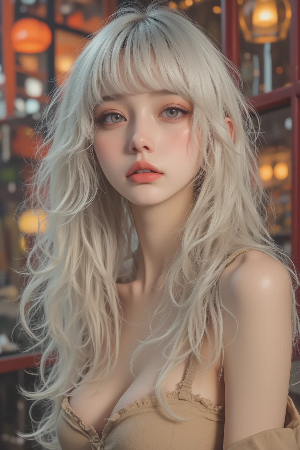  of the highest quality ,  master part,  super high resolution, ( Photorealism :1.4),  RAW photo,  1 girl, Inside the cafe,  looking at viewers,  long hair,  pale skin, reply