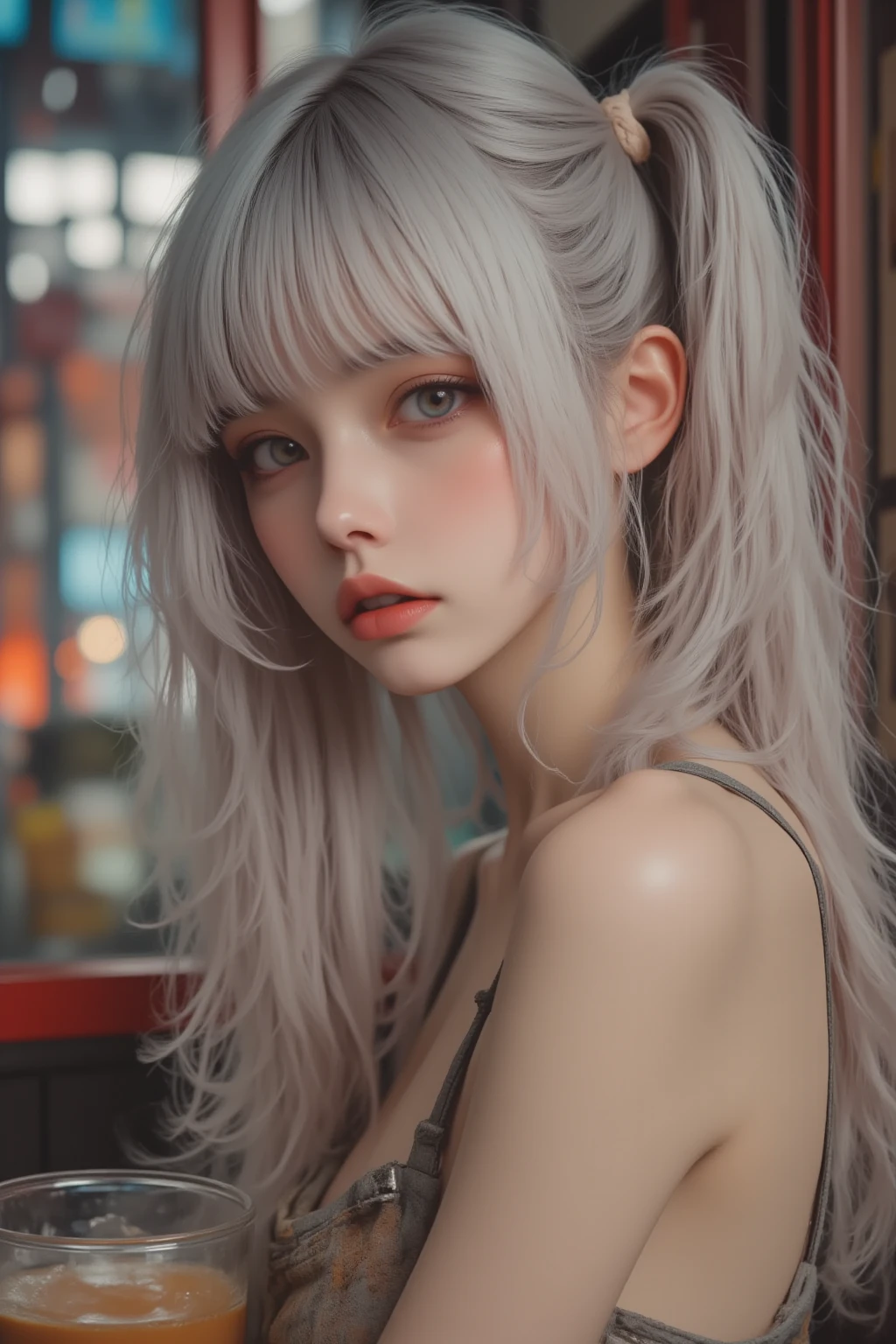  of the highest quality ,  master part,  super high resolution, ( Photorealism :1.4),  RAW photo,  1 girl, Inside the cafe,  looking at viewers,  long hair,  pale skin, reply