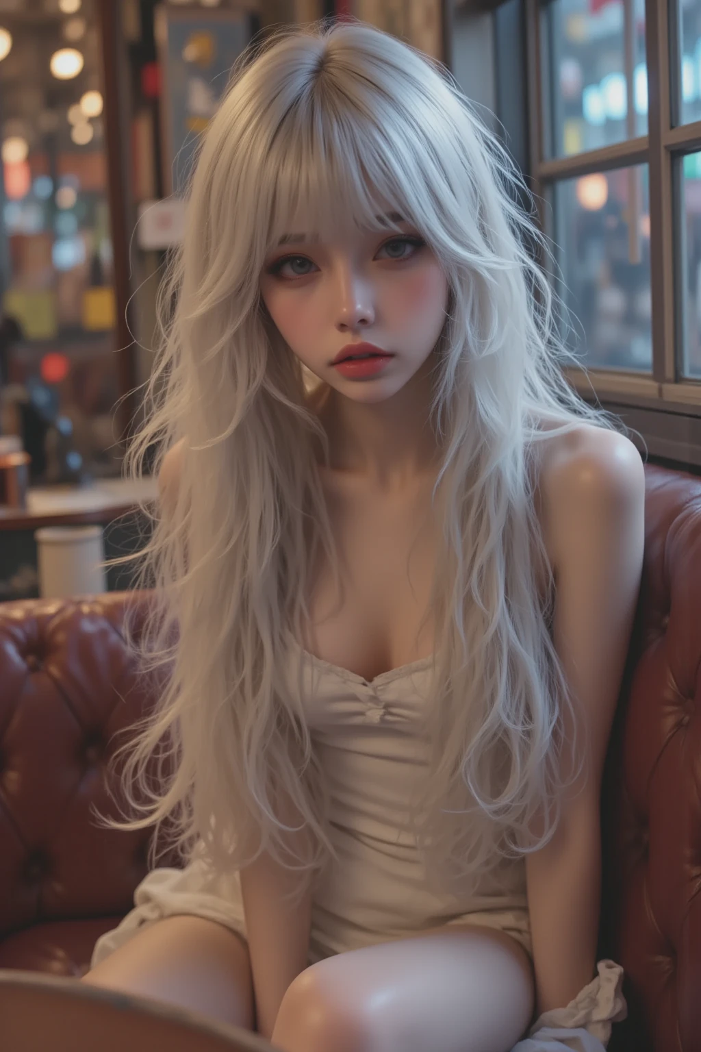  of the highest quality ,  master part,  super high resolution, ( Photorealism :1.4),  RAW photo,  1 girl, Inside the cafe,  looking at viewers,  long hair,  pale skin, reply
