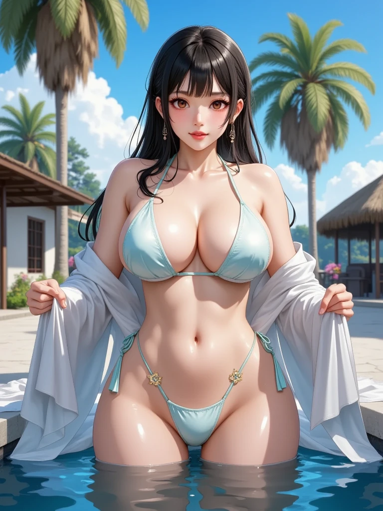 1 female,45 years old,married woman,Leg length, slender waist, photo exposure, solo,(background with:in the forest,Rainforest,Ground area water) She has long black hair,Stand deep in the forest,View from the street, curls, sky with many clouds,(((masterpiece),(Very detailed CG unified 8k wallpaper),best quality,light,detailed background,beautiful pupils,(very delicate and beautiful),(Beautiful and detailed eye descriptions),Super detailed,masterpiece,))red lips,Snow-white skin,a little fat,Very big chest,face camera,high resolution,Super detailed),exposed,very huge,, convex,camel toe,Military officer with prominent cleavage(wear:,military cap,navy blue shirt,badge,bikini)