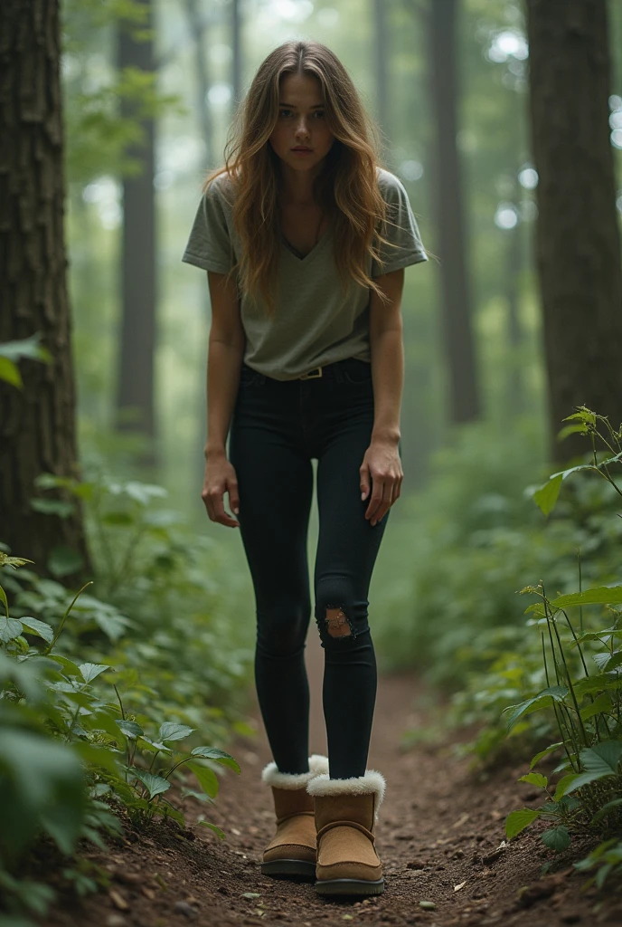 Nature Walk: The model is captured mid-stride on a forest path, with tall trees and sunlight streaming through the leaves. She’s dressed in a casual denim outfit, with her green hair tied back in a ponytail and a serene expression on her face. masterpiece 8k photo realistic