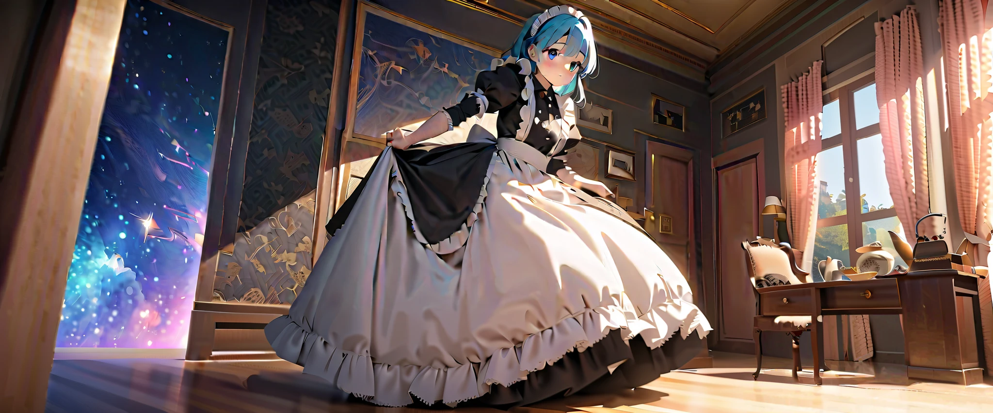 woman\( cute, Little s ,Age 10,Space Hair,Eyes of the Universe, victorian maid , black long dress, full body,Slip and throw away your tea set\), break ,background\(internal, victorian style room,wondrous, colorful, cute\), break , quality\(8k, wallpaper, masterpiece, Hi-Res,top- quality,top- quality real texture skin, surrealistic,increase resolution, RAW Photo ,最高の quality, very detailed,wallpaper, cinematic lighting, Raytrace , golden ratio\)、 sit on a chair、The dress flips up、I can see Bulma、Lifting the dress