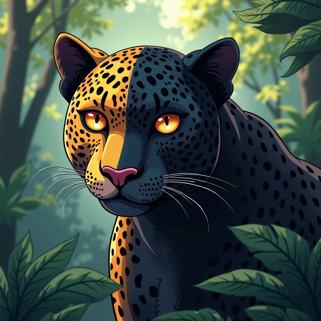 create an anime image of a black panther where half of the side of its body is a leopard, that is, this animal is half a black panther and the other half a leopard, with bright and vibrant colors and velvety, this animal is in a beautiful tropical forest