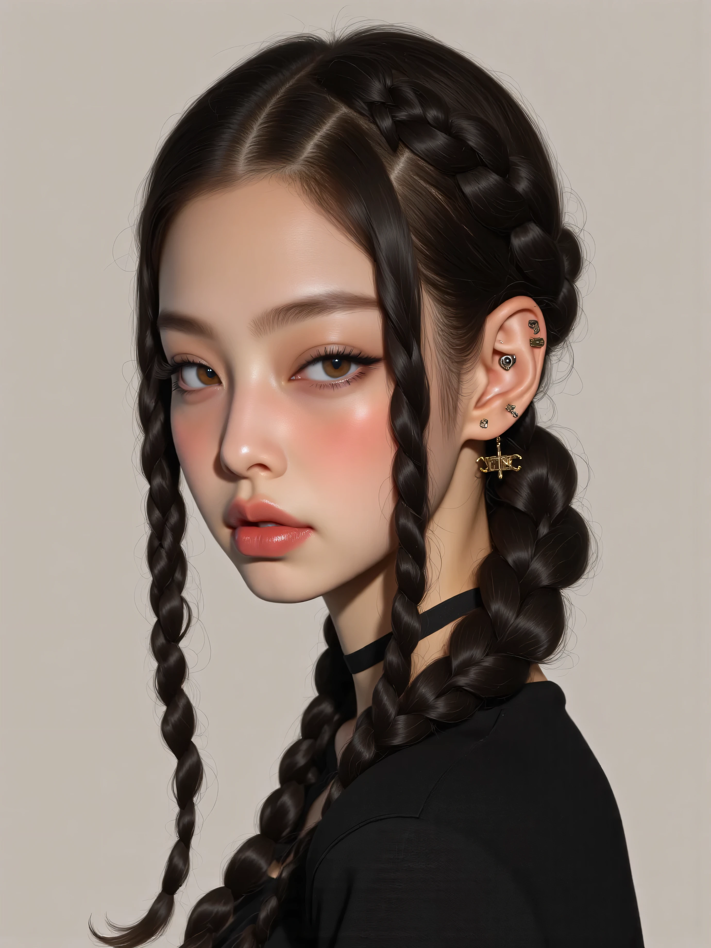 jennie kim, a white girl with 1,60 tall, black braids in hair and a normal body Braids all over hair ,as if they had been placed But they are loose not attached
