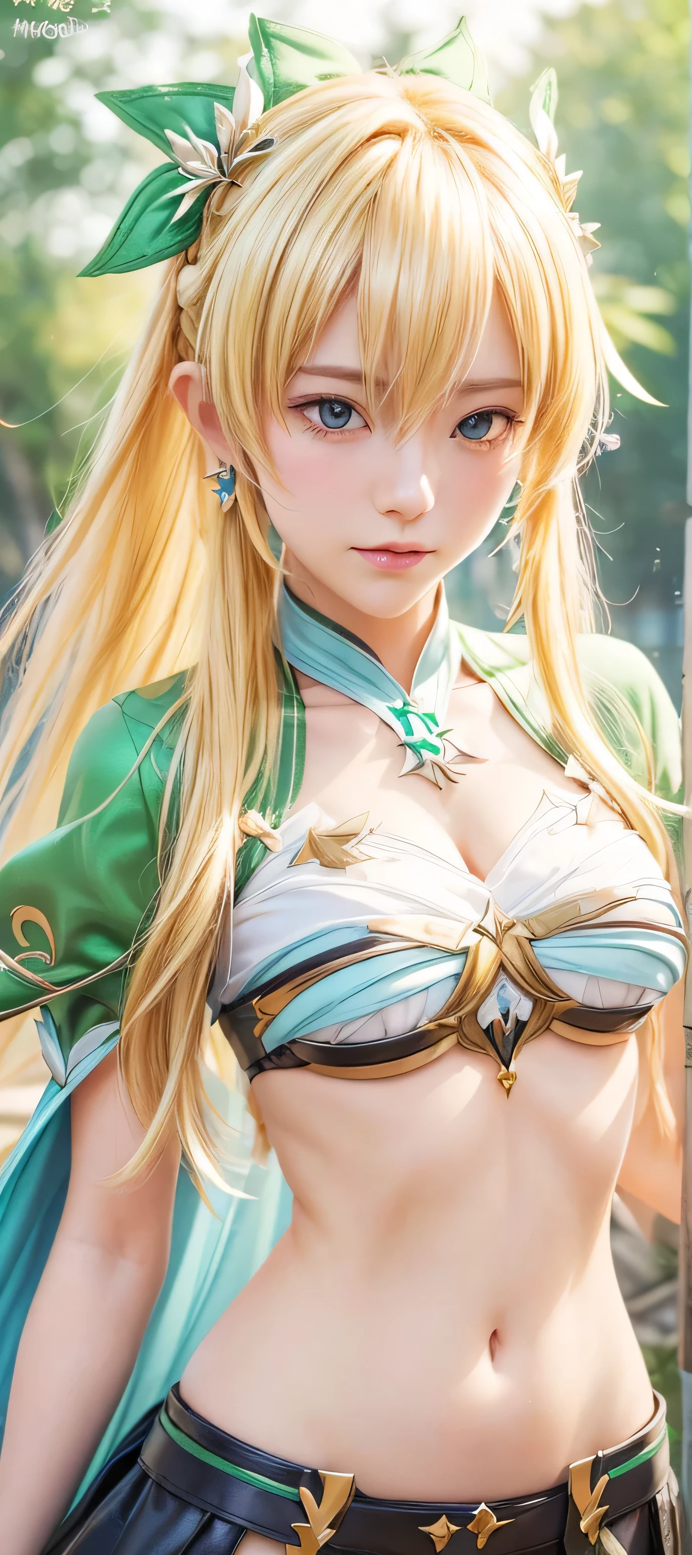masterpiece, best quality, (realistic,photo-realistic:1.4), (RAW photo:1.2), extremely detailed CG unity 8k wallpaper, delicate and beautiful, amazing, finely detail,official art, absurdres, incredibly absurdres, huge filesize, ultra-detailed, extremely detailed, extremely detailkcaled girl,extremely detailed eyes and face, light on face,little smiles,(long hair:1.5),(blonde hair:1.3),(night background:1.4),nature,small breast,leafa,(wearing honkai impact outfit:1.5),(arnor:1.5),(hair ornament:1.5)