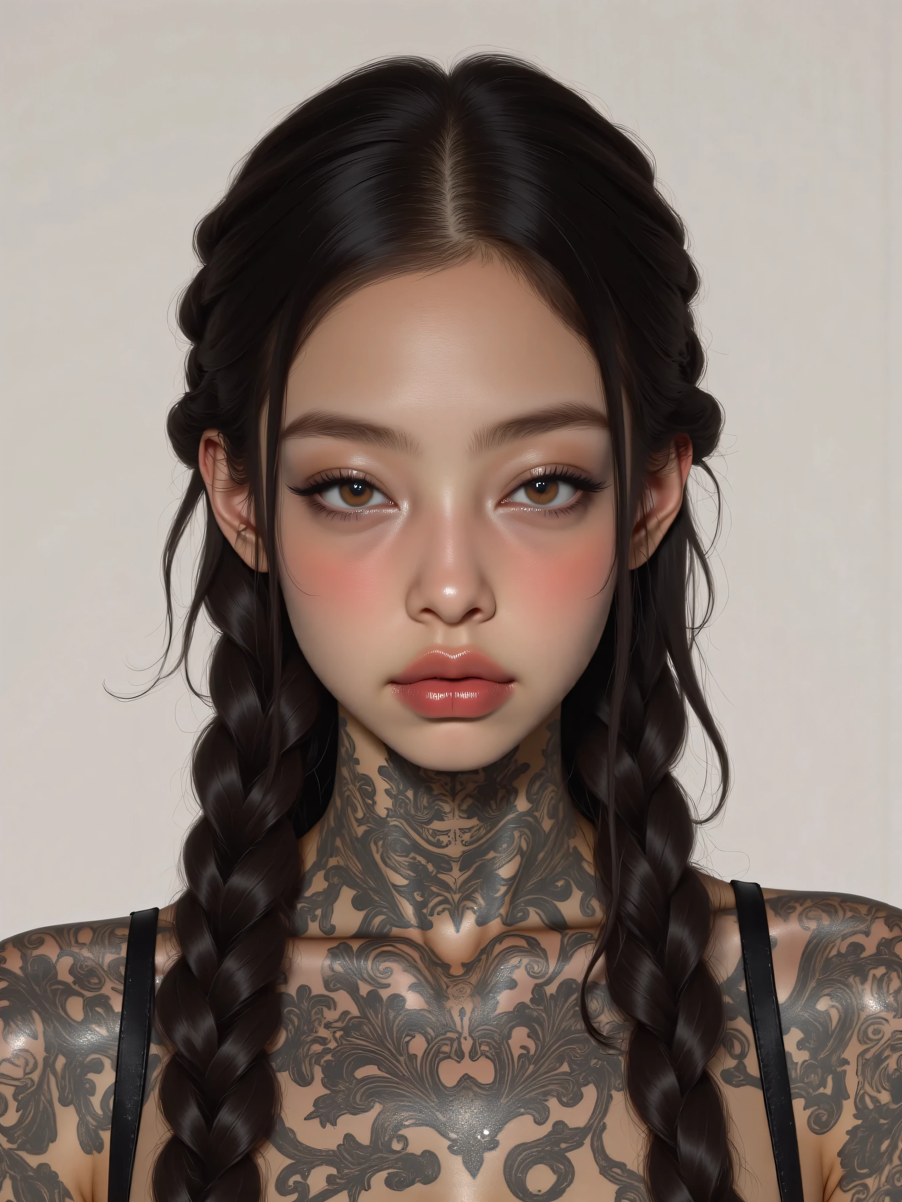 jennie kim, a white girl with 1,60 tall, black braids in hair and a normal body Braids all over hair ,as if they had been placed But they are loose not attached