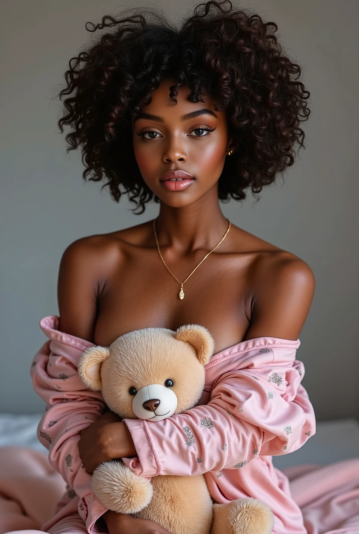 A beautiful black woman (pele chocolate), In pink pajamas with print, holding a bear. High quality vaccines, ultra defined, gray background thread necklaces for cutout, 16k