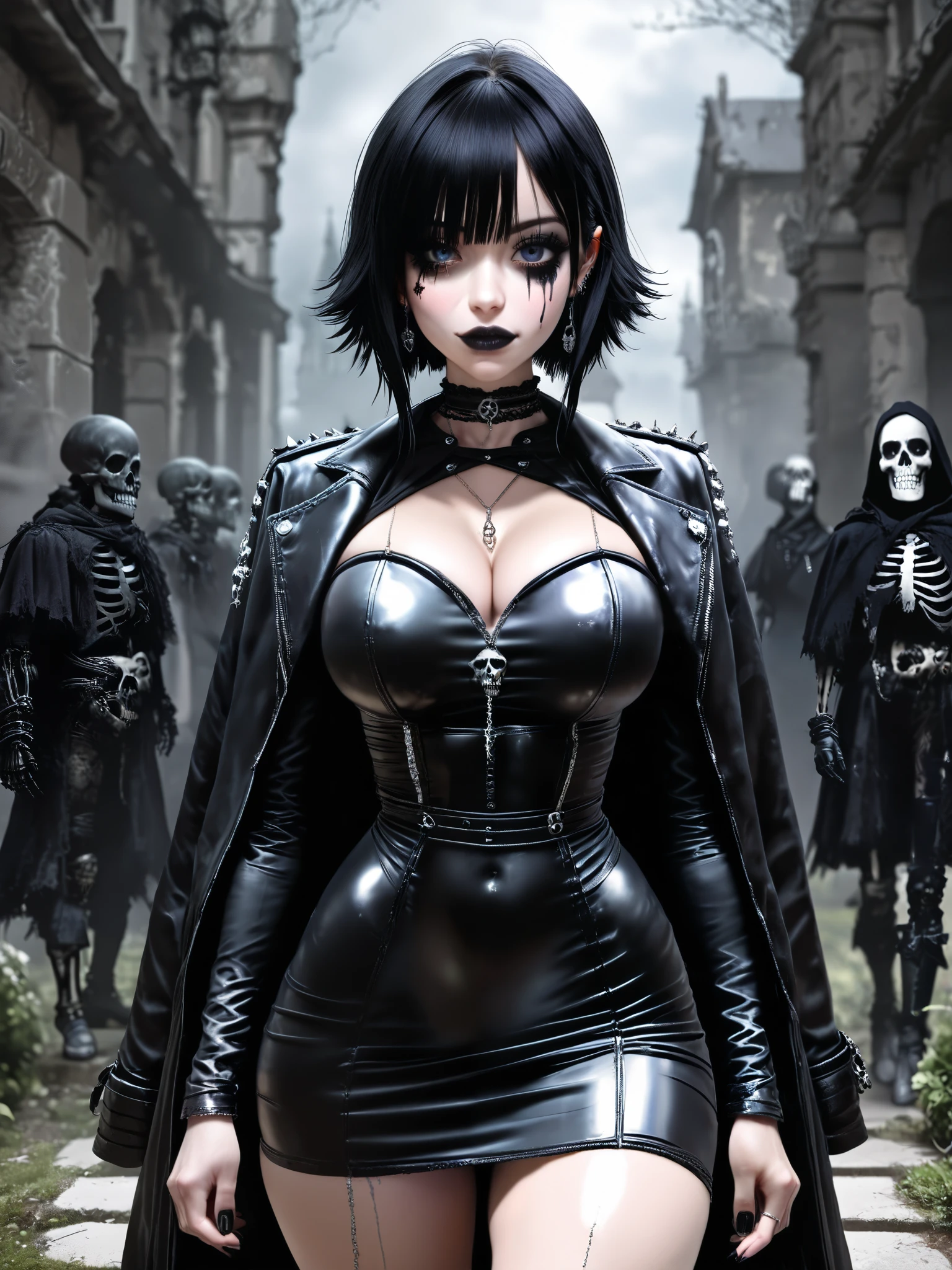 best quality, extreme Detail, Young woman standing alone in a dark cemetery, (emo und Goth design), emo, goth girl, Young woman posing sexy , black makeup , black short wild hair, cute face , wild look, extremely large breasts , (H100 ), ( wide hips), Young woman is slim , Young woman looking at observer, Young woman wearing a tight black sexy leather dress with leather cape, ( deep neckline), Conjures skeletons ,