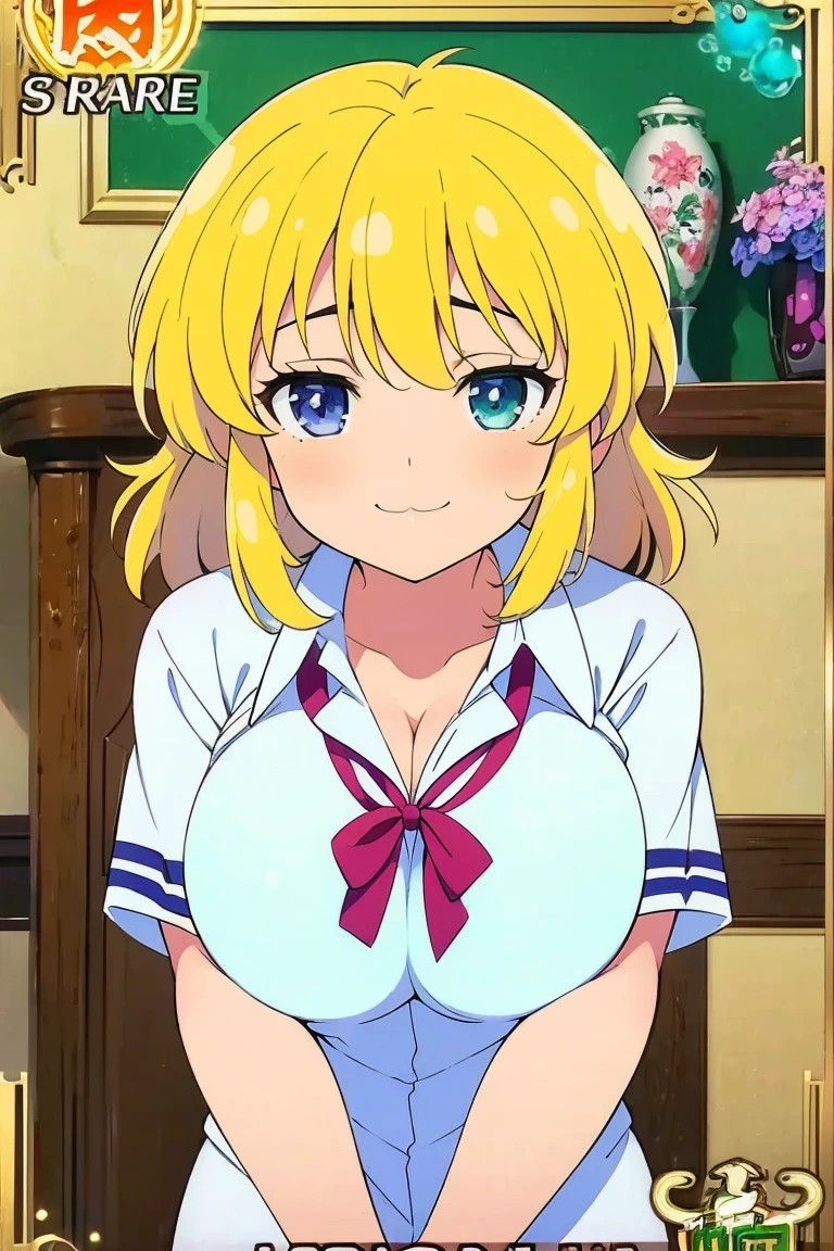 masterpiece, best quality, very aesthetic, absurdres, aavenus, BREAK,official art, POV, 1boy, cowgirl position, girl on top, anime screencap, 1girl, white lace bra, white lace panties, large breasts, cleavage, long hair, blonde hair, hair bow, blue eyes, blush, smile, indoors, open mouth