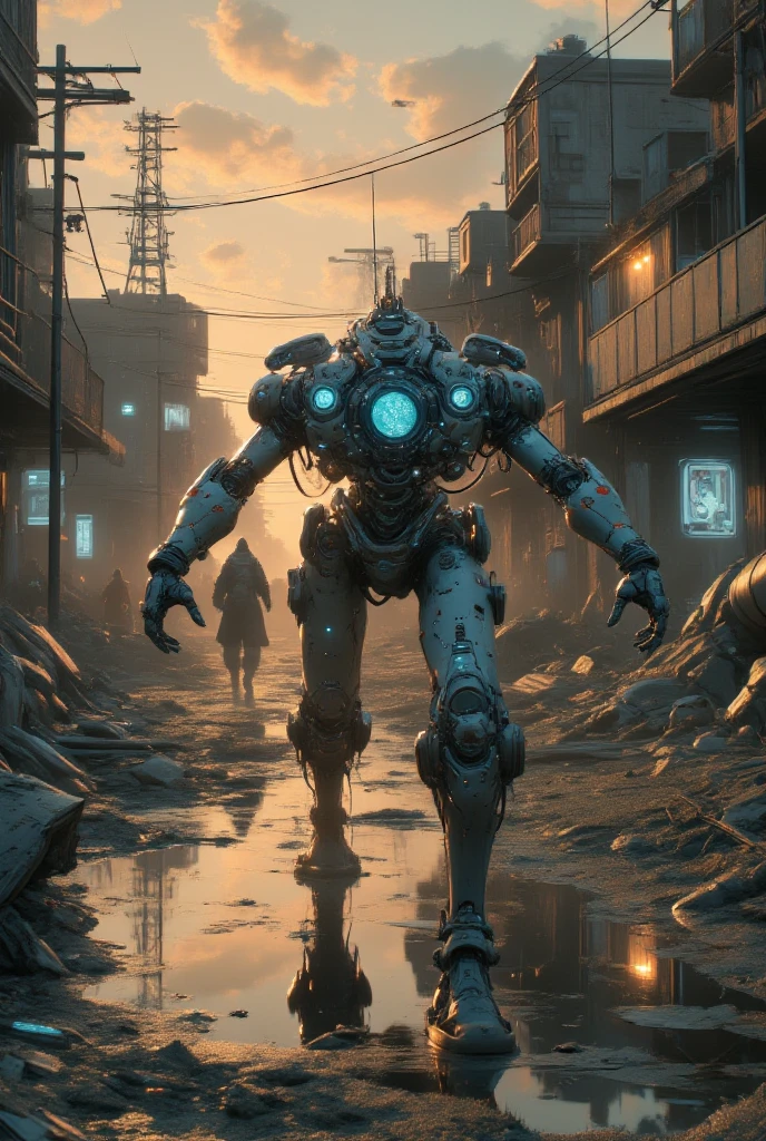 Robots walking in ruins。 are facing the front。expedition。investigation。Small。。Face implanted in the torso。No nose or mouth。1 small camera eye。 has no neck or head。Two thick legs。two thick hands。Five fingertips。 backpack with a very large back。antenna。 color is blue。Rusty。 connections。sunset。evening。 puddle。