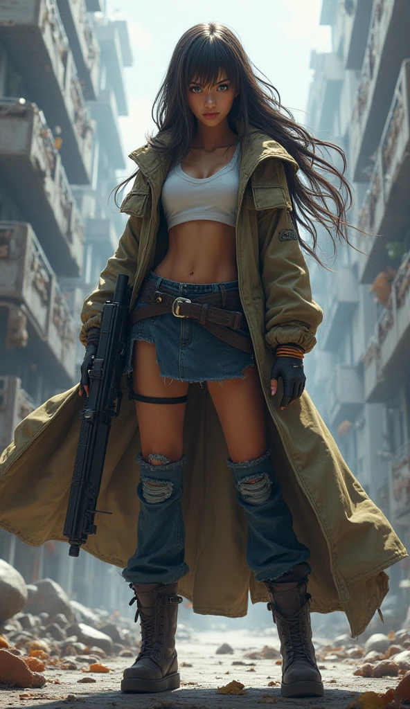 CG animation、1 character、 Super Cool Female Characters 、(((Super cool armed characters drawn in 3DCG)))、((Full body drawn with 3DCG ))、 Abandoned city in 3DCG、Intimidation、A work with an overall cool image 、