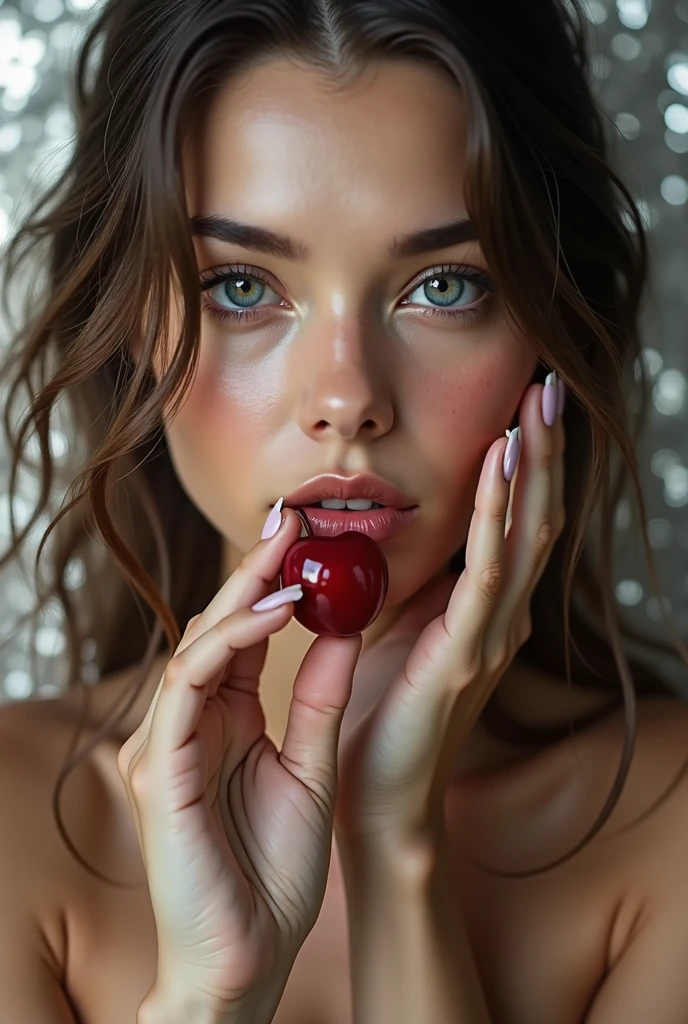 Very beautiful girl of Slavic appearance bit off a juicy cherry photo quality 8k highest quality of small details