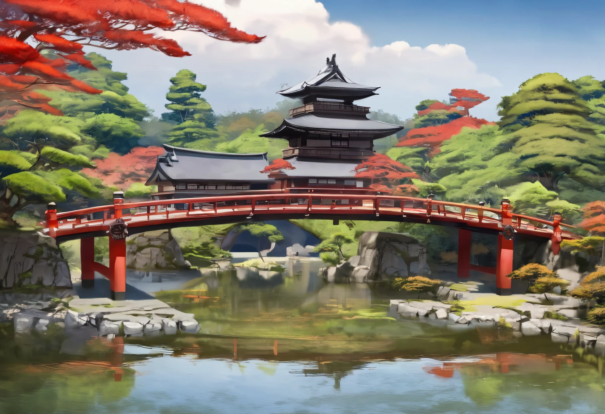 Arafe Bridge over a body of water with a red bridge, ancient Japanese Architecture , Japanese cities , Feudal Japan, Japanese Templess, Japanese Tradition , Japan Tourism, Feudal Japanese setting, Edo period Japan , , in Feudal Japan, Medieval Japan, Feudal Japan, Japanese Architecture , Japan Travel & Tourism , a deeper travel exploration of Japan, Japanese Temples