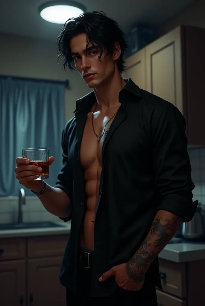Sexy young man in his 20s wearing a black shirt with some of the chest buttons undone and the sleeves rolled up to the elbows of his muscular body , with his black hair a little disheveled while in his hand he has a glass of whiskey and his other hand is in the pocket of his black pants, One of his arms is tattooed, the tattoos on his forearm are visible., in the middle of the night when the moon is the only one that provides illumination while he is in the kitchen 