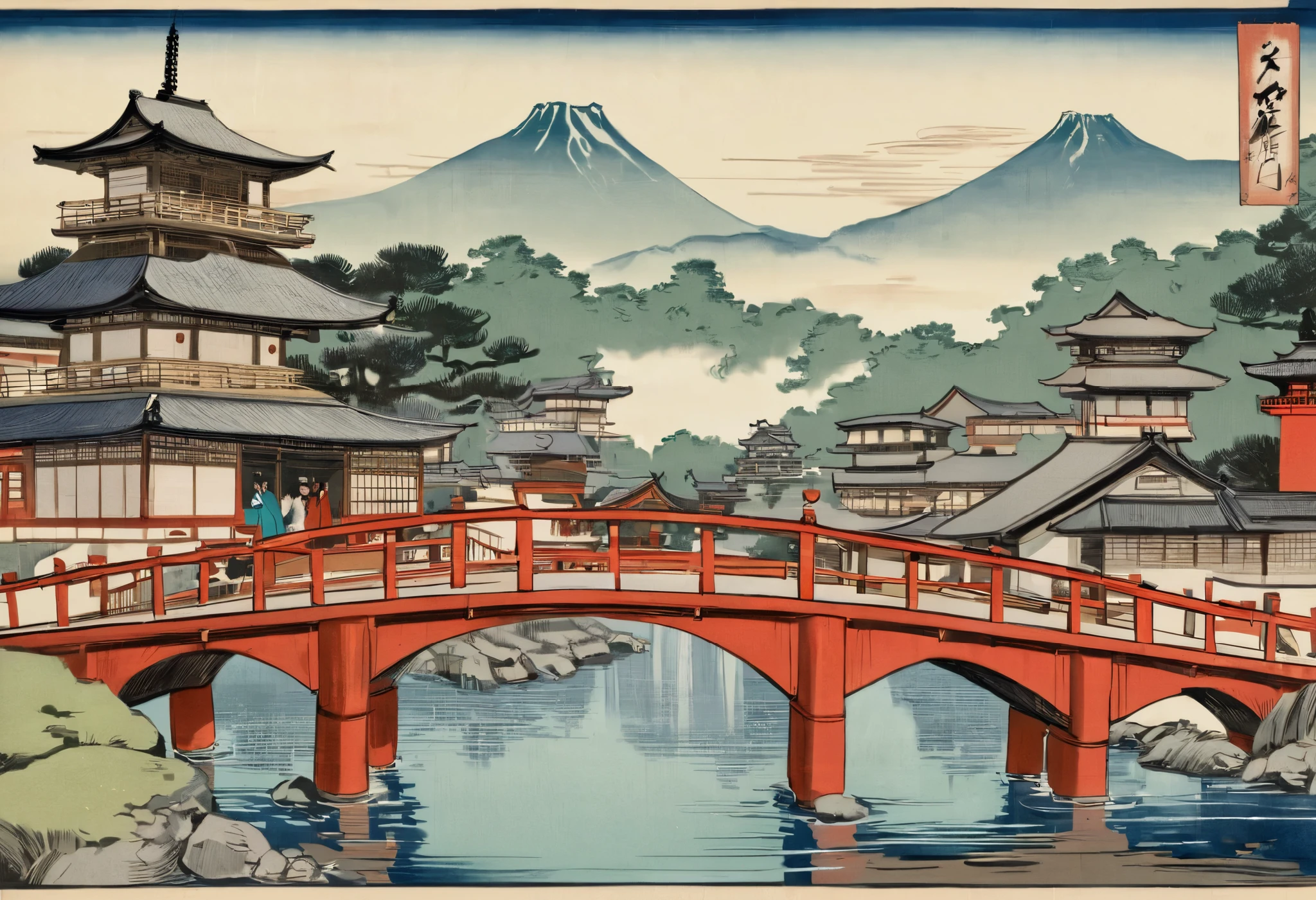 Arafe Bridge over a body of water with a red bridge, pictures inspired by Sesshu Toyo, shutterstock, ukiyo-e, Old-fashioned Japanese architecture , Japanese cities , Feudal Japan, Japanese temples , Japanese Tradition , Japan Tourism, Feudal Japanese setting, Edo period Japan , , in Feudal Japan, Medieval Japan
