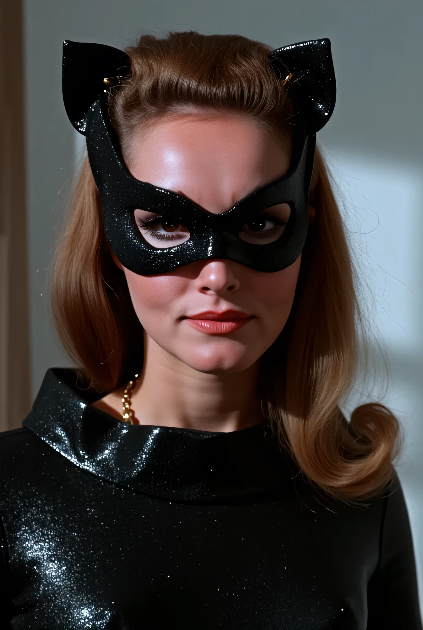 tallulah bankhead,.wearing eye mask, full face only shot, Dressed in a black tight-fitting , closed to the neck , latex metallized catsuit .