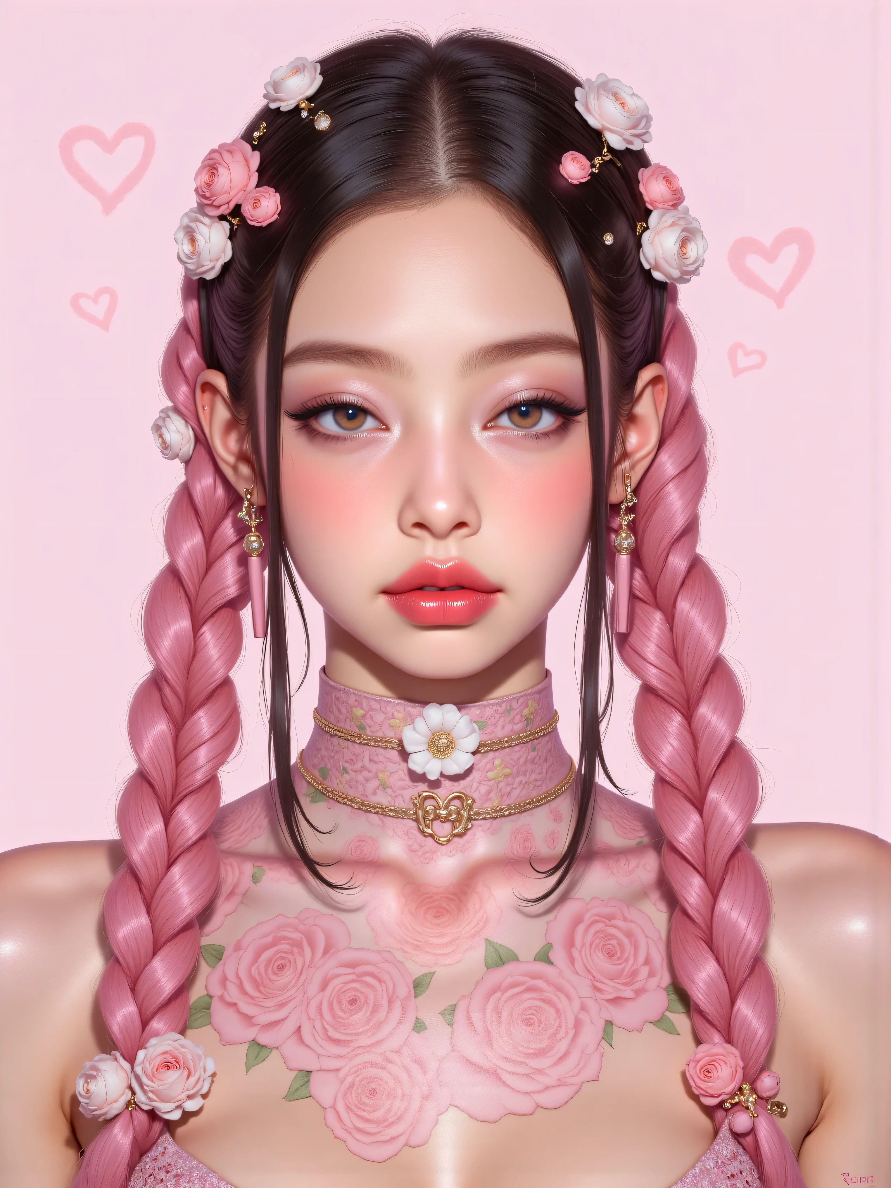 jennie kim, a pink girl with 1,60 tall, pink braids in hair and a normal body Braids all over hair ,as if they had been placed But they are loose not attached, red lips