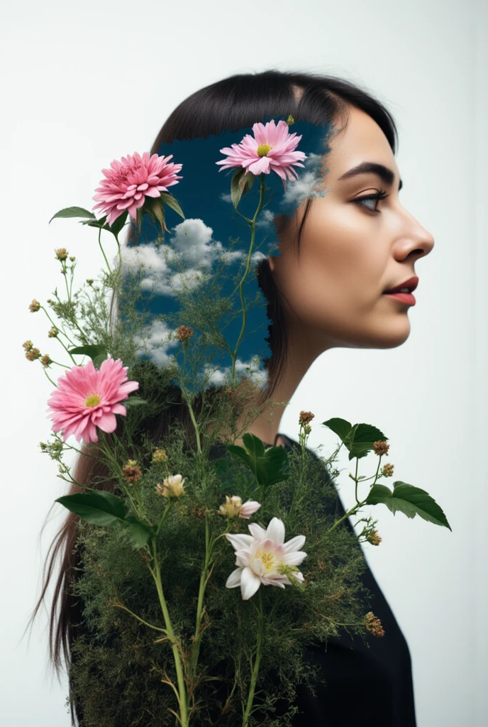 Tranquility and serenity of flowers growing out of a human mind, highly detailed