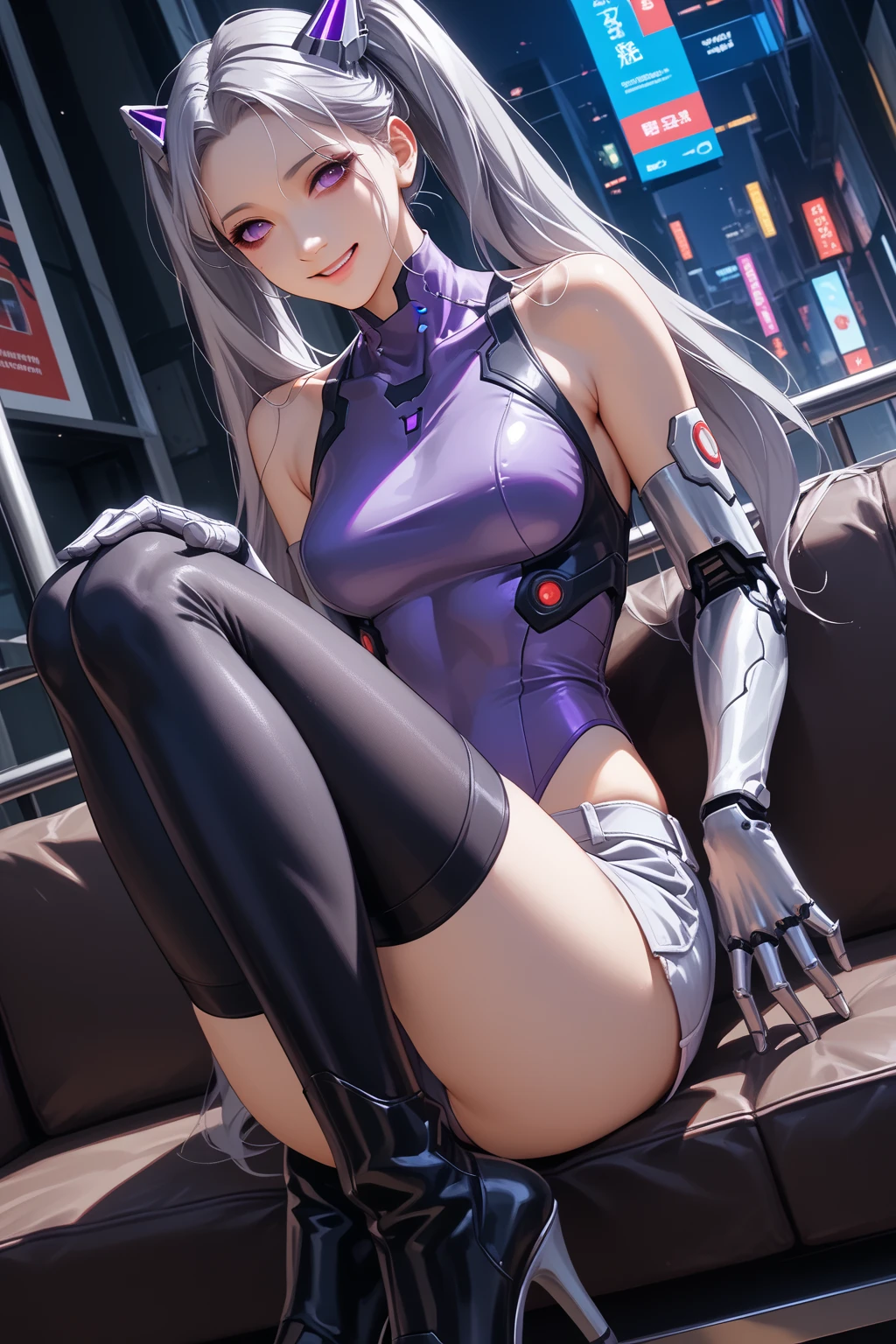 1girl, white hair, purple eyes, bob cut, wavy hair, average breasts, blush, glow, thighs, bare shoulders, collarbone, narrow waist, cleavage, (masterpiece), full body, carbon fibre bodysuit, metal body armour, metal wings, sitting, wires, futiristic, armored, sitting, expressionless face, (wires), straight leg, mecha, milk breasts, mecha musume,