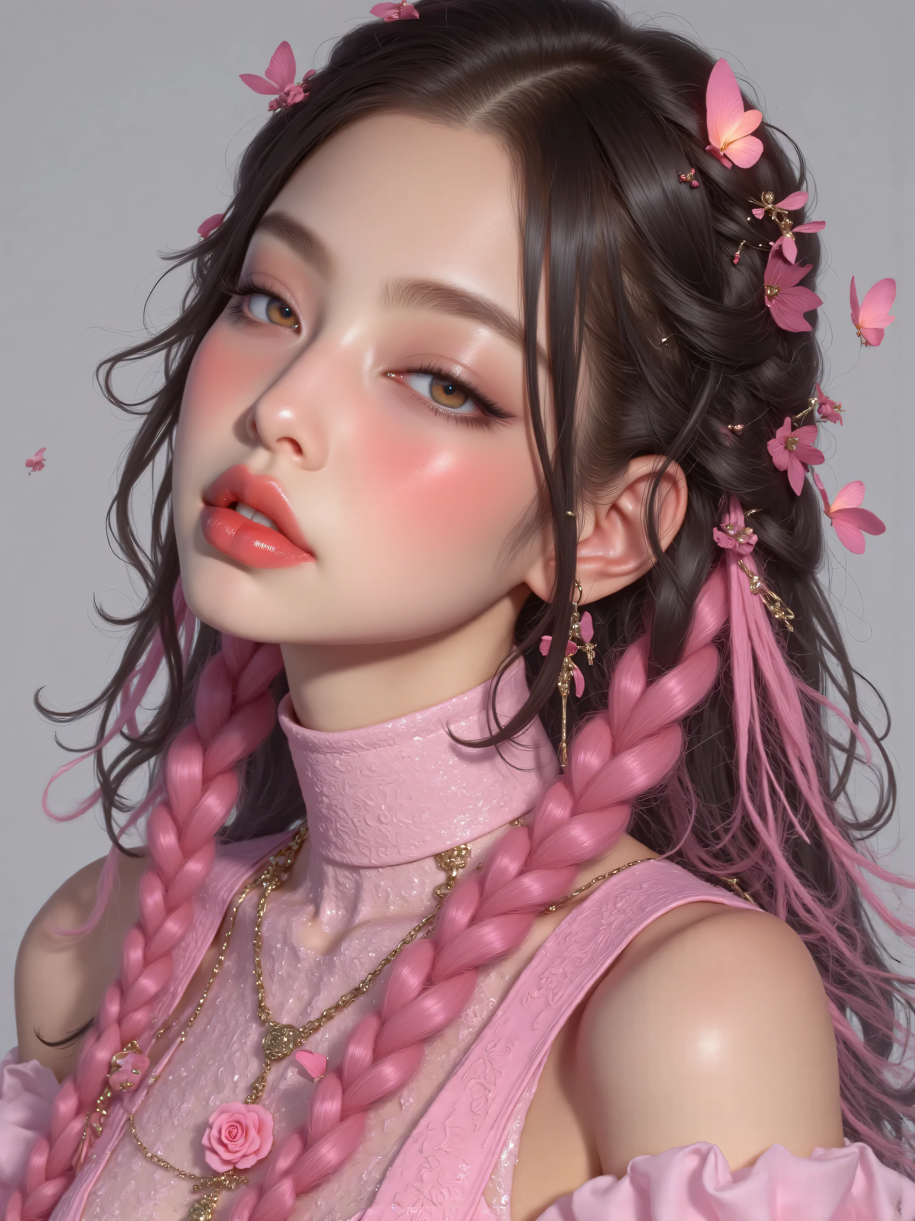 jennie kim, a girl with 1,60 tall, pink braids in hair and a normal body Braids all over hair ,as if they had been placed But they are loose not attached, red lips