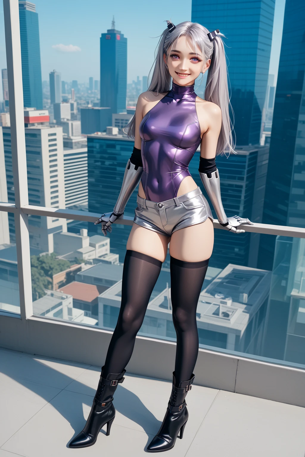 personagem feminina, anime, sorriso leve, cabelo preto, olhos azuis, roupa preta, sobretudo, dinamic pose, fundo branco, standing on her feet, pose de luta, non-sensual pose