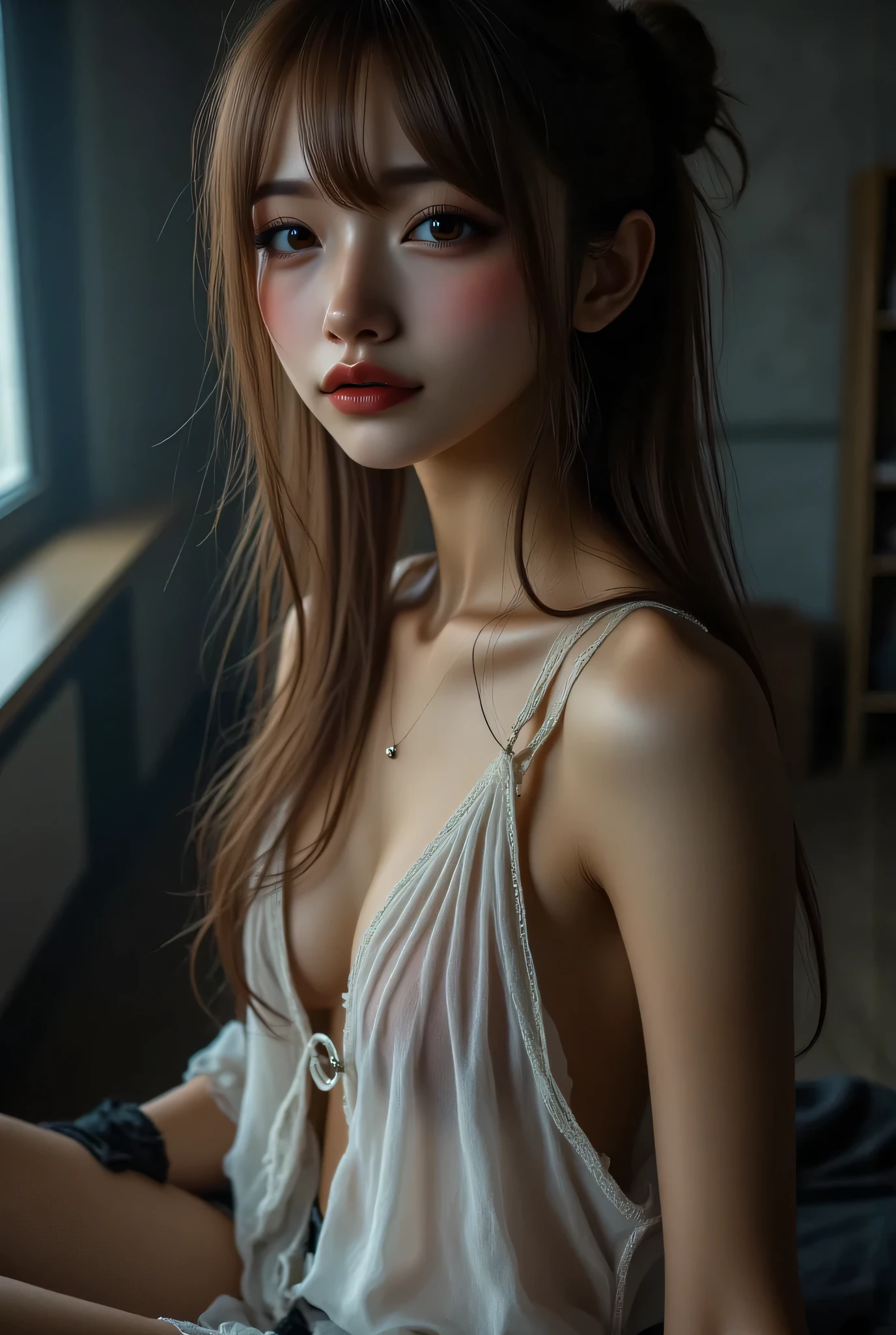 Anime girl with long hair standing in front of the window, Enchanting anime girl, Anime Girl Portrait, Smooth anime CG art, (Small beautiful breasts), Fascinating Cleavage, Beautiful Anime Girls, Detailed digital anime art, Attractive anime girl, (Almost completely naked in a thin outfit:1.5), Painted in an anime artist&#39;s studio, Beautiful anime portraits, [ 4k digital art ]!!, Realistic anime art style, Anime Style 4k, Cute Anime Girl, Digital anime illustration, (Detailed eyes and face:1.3, Professional photography techniques), (Highest quality, 8K, masterpiece:1.2, RAW Photos), (Gaze at the viewer:1.2, Sexy expression:1.3, blush:1.2), (Photorealism:1.4), (Detailed hands), ((A beautiful girl, Baby Face:1.5, Idol Face)),