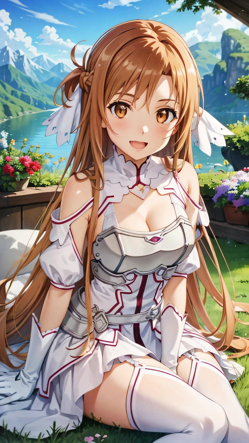 {{{masterpiece}}}, (best quality:1.5), (ultra-detailed:1.5), {illustration}, {{an extremely delicate and beautiful}}, (beautiful detailed eyes:1.6), absurdres, highres, extremely detailed face, 16k, hd, visual anime de uma jovem mulher, extremamente bonito rosto de anime, anime melhor garota, (perfect hands, perfect anatomy), anime face, Yuuki Asuna(Sword Art Online), ddasuna, 1girl, solo, cute face, very long hair, brown hair, braid, crown half up, sidelocks, swept bangs, black pupils, (brown eyes:1.8), medium breasts, big hips, curvaceous, BREAK, stacia, staciansfw, white dress, white armor, (cleavage:1.0), bare shoulders, gloves, white gloves, (chest open:1.0), armor, white thighs, white thighhighs, garter straps, thighs, zettai ryouiki, BREAK, cute face, open mouth, smiling, Looking at Viewer, (Sitting:1.2), lake, outdoor, Sunny, Sunshine, light, Fantasy, Windy, mountain, forest, flower garden, mysterious