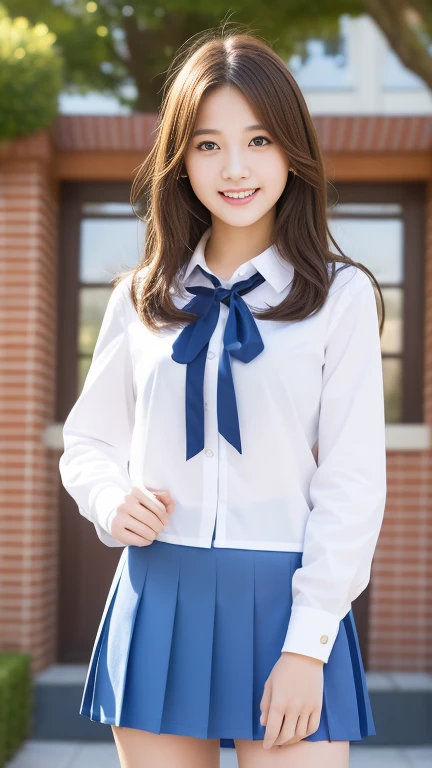 (Highest quality、Ultra-high resolution、8k、masterpiece:1.3)、Beautiful woman with perfect figure:1.4、Black Hair、(((((School Uniform))))、Big eyes、派手な、(high school girl)、(Navy blue pleated skirt)、Ultra mini skirt、A beautiful woman、Schoolカバン、Highly detailed face and skin、Detailed eyes、Shiny thighs、double eyelid、Thin legs、The best smile、(((1people)))、Beautiful views、School、、beautiful place、The best smile、Extraordinary beauty、Age: 16、Perfect Proportions、whole body、((blue sky))、Baby Face、Touch your hair with your hands、The wind is blowing、((Sit on the ground))、wave hands、(I can see her panties:1.4)、White panties、スカートの間からI can see her panties、Spread your legs wide to the left and right、White panties