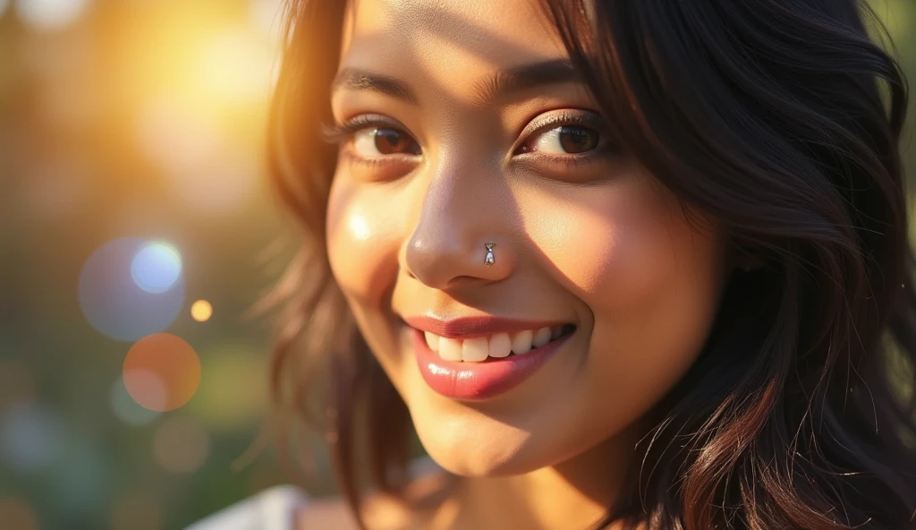 a beautiful  Indian woman with the most charming smile, radiant sunlight on her face, prismatic lighting effects adding vibrant colors, captivating smile, detailed facial features, elegant expression, beautiful eyes, delicate nose, alluring lips, long lashes, natural skin texture, high quality, hyper-realistic, photorealistic, 8K, detailed digital painting, cinematic lighting, warm color tones, glowing skin, dreamlike atmosphere