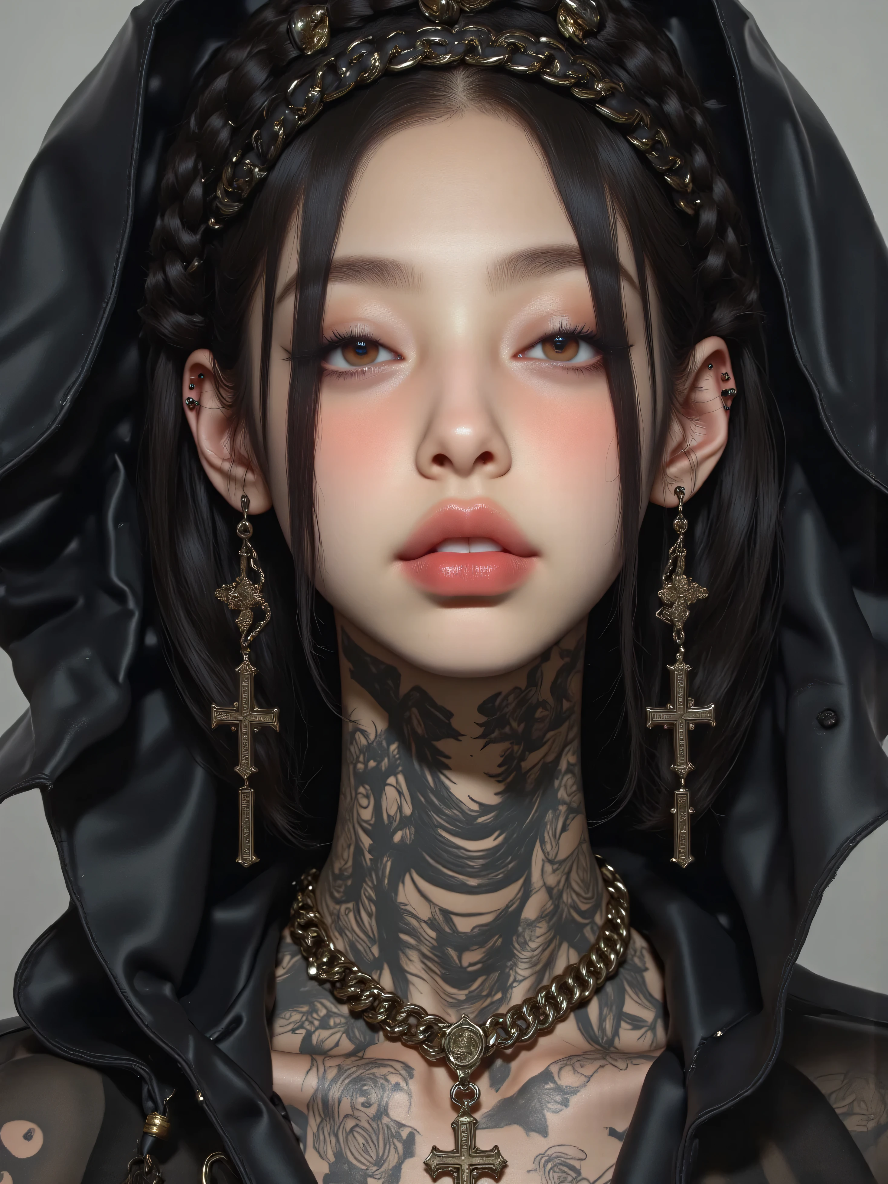 jennie kim, a white girl with 1,60 tall, black braids in hair and a normal body Braids all over hair ,as if they had been placed But they are loose not attached, nun