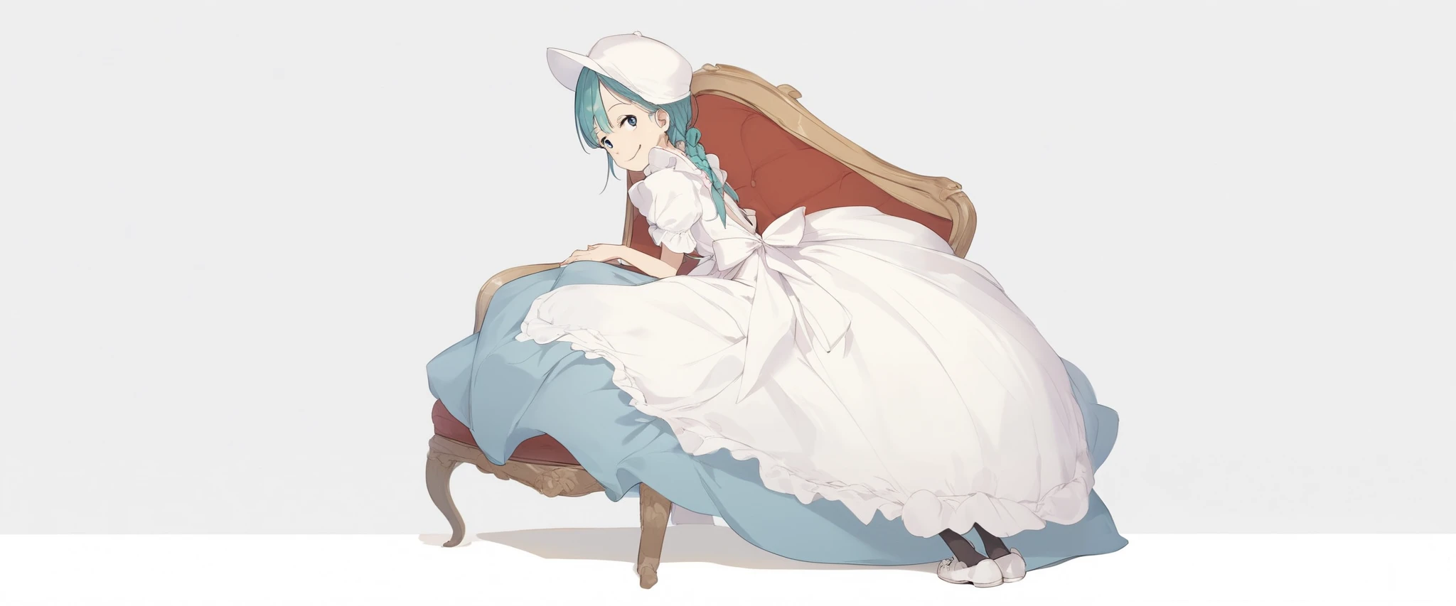   1 girl apron black  _  footwear black  _Legwear Blue_ eye braid dress full _body hin long_Dress View_in_  viewer made  _  apron shoes smile solo standing transparent_  background white  _headwear  score_9,  score_8_ up the side,  score_7_ up the side,  score_6_ up the side,  score_5_ up the side,  score_4_ up the side, BREAK source_Anime,  Masterpiece、 sit on a chair、The dress flips up、I can see Bulma、Lifting the dress