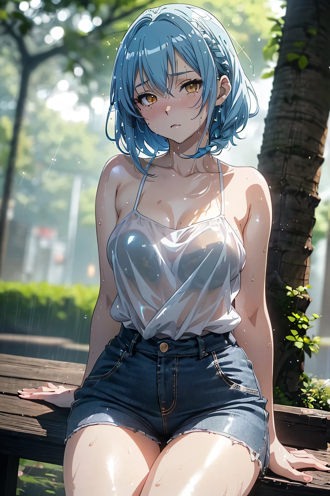 (8k, best quality, masterpiece:1.2), (realistic, photo-realistic:1.37), ultra-detailed,1girl, solo, 53 years old, milf, teal and green hair, messy hair, asymmetrical hair, ahoge, very short hair, aqua eyes, medium breasts, pale skin, glasses,beautiful detailed sky,detailed cafe,night,sitting,dating,(nose blush),(smile:1.15),(closed mouth) ,beautiful detailed eyes,(shirt:1.1), night, wet, rain,white lace,((full body)),stand, sexy, cute