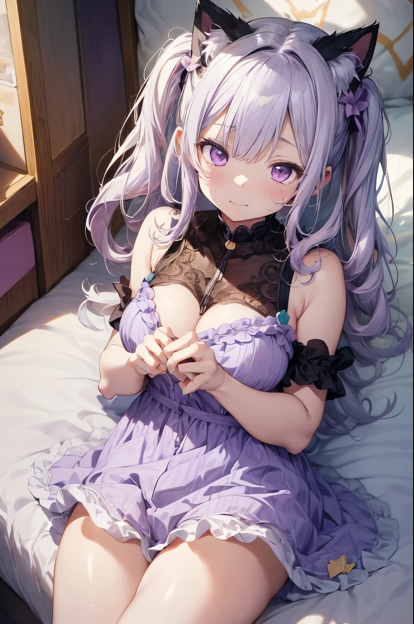 highest quality、Nice sexy body、One Woman、(solo)、((Beautiful busty woman:1.4))、(Light purple haired woman:1.3)、Short Woman、Woman with straight hair、Woman in bunny girl costume、A woman wearing a bunny girl headband、(A woman wearing a purple bunny girl leotard:1.3)、woman wearing black pantyhose、Woman kneeling