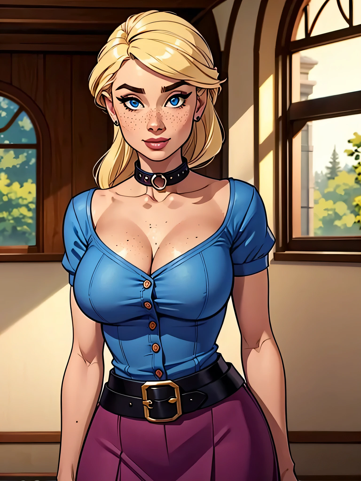 ( absurd, HD , ultra detailed, be careful with your hand ) Close up of a thin and athletic woman , 25 years, 8k (( high definition )), beautiful smile, Seductive look, blue eyes, nose fine, pink shirt (( with buttons, short sleeves and Italian collar )), discreet skirt with belt, cintura fina, middle hip, her two arms are positioned on the sides of her body, white skin , blond hair (( long and straight )), walking around the room (( Upper body )), with freckles on the neck and breasts , (( large, round breasts )), (( Well defined collarbone, intricate details )). Marvel style (( HQ )), forest in the background.