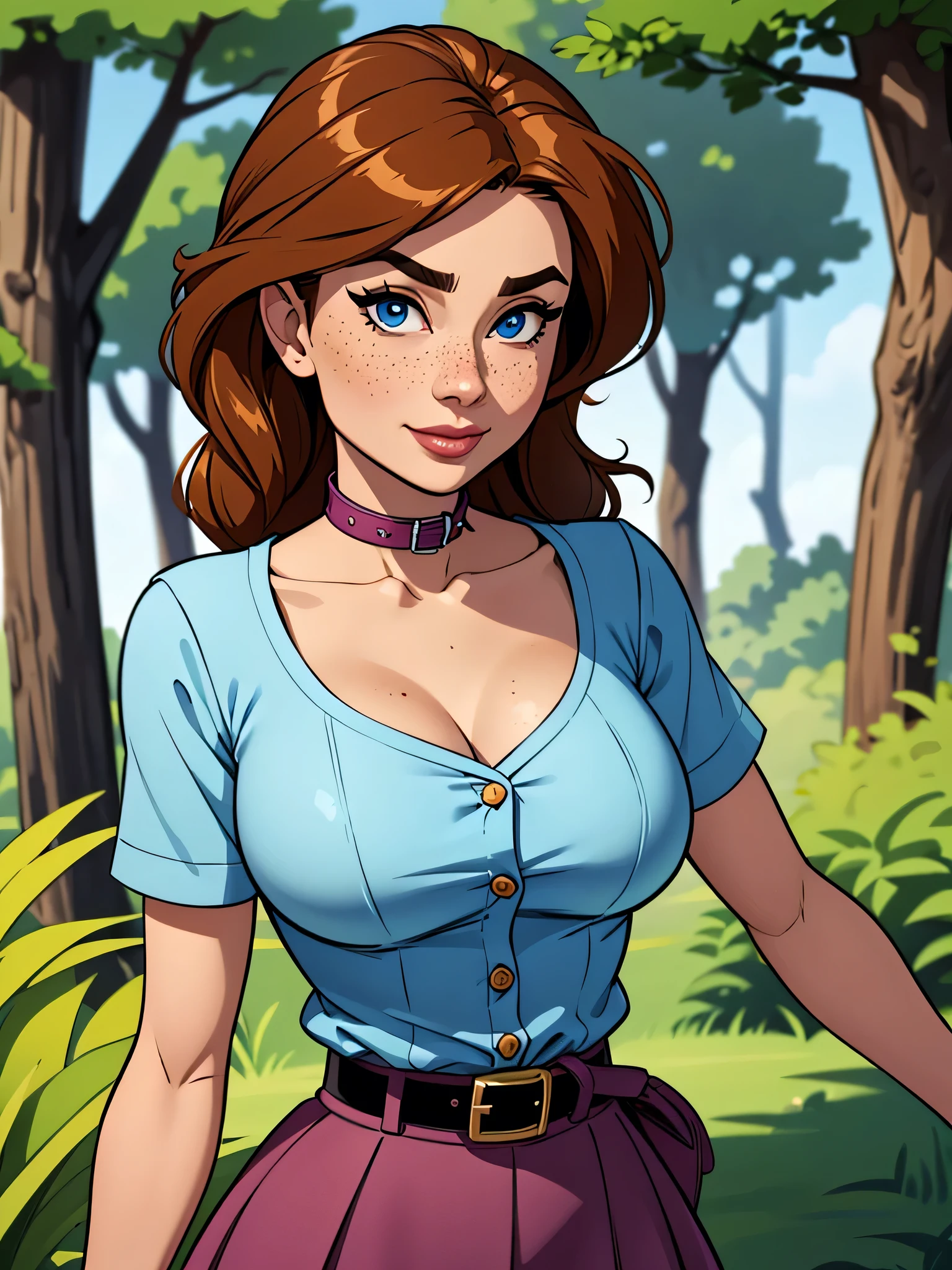 ( absurd, HD , ultra detailed, be careful with your hand ) Close up of a thin and athletic woman , 25 years, 8k (( high definition )), beautiful smile, Seductive look, blue eyes, nose fine, pink shirt (( with buttons, short sleeves and Italian collar )), discreet skirt with belt, cintura fina, middle hip, her two arms are positioned on the sides of her body, white skin , blond hair (( long and straight )), walking through the forest (( Upper body )), with freckles on the neck and breasts , (( large, round breasts )), (( Well defined collarbone )). Marvel style (( HQ )), forest in the background.