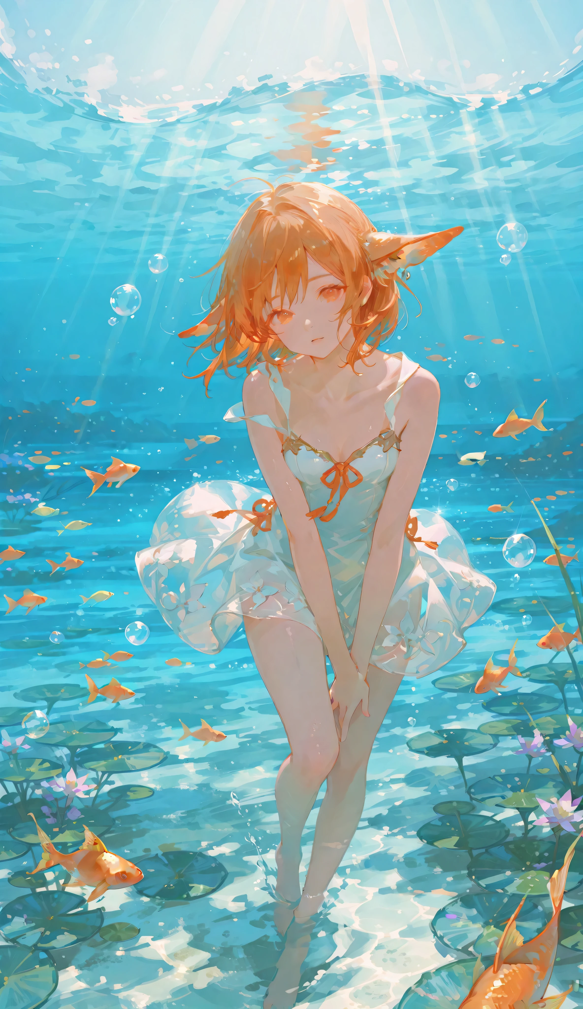 kawaii, anime style, masterpiece, best quality, ultra detailed, A girl floating in cider, 1girl, 15years old, cool and fragile, lovely and cute, beautiful eyes, short silver hair, small_breasts, slender but well-proportioned body, white one-piece swimsuit, Camisole leotard and frills, (bubbles, underwater:1.5)