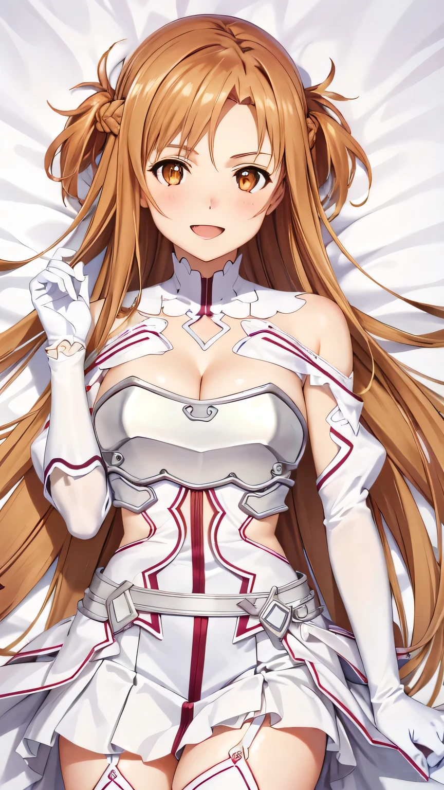 {{{masterpiece}}}, (best quality:1.5), (ultra-detailed:1.5), {illustration}, {{an extremely delicate and beautiful}}, (beautiful detailed eyes:1.6), absurdres, highres, extremely detailed face, 16k, hd, visual anime de uma jovem mulher, extremamente bonito rosto de anime, anime melhor garota, (perfect hands, perfect anatomy), anime face, Yuuki Asuna(Sword Art Online), ddasuna, 1girl, solo, cute face, very long hair, brown hair, braid, crown half up, sidelocks, swept bangs, black pupils, (brown eyes:1.8), medium breasts, big hips, curvaceous, BREAK, stacia, staciansfw, white dress, white armor, (cleavage:1.0), bare shoulders, gloves, white gloves, (chest open:1.0), armor, white thighs, white thighhighs, garter straps, thighs, zettai ryouiki, BREAK, lying, on back, smiling, open mouth, embarrassed, flushed cheeks, looking at viewer, on the bed, dakimakura