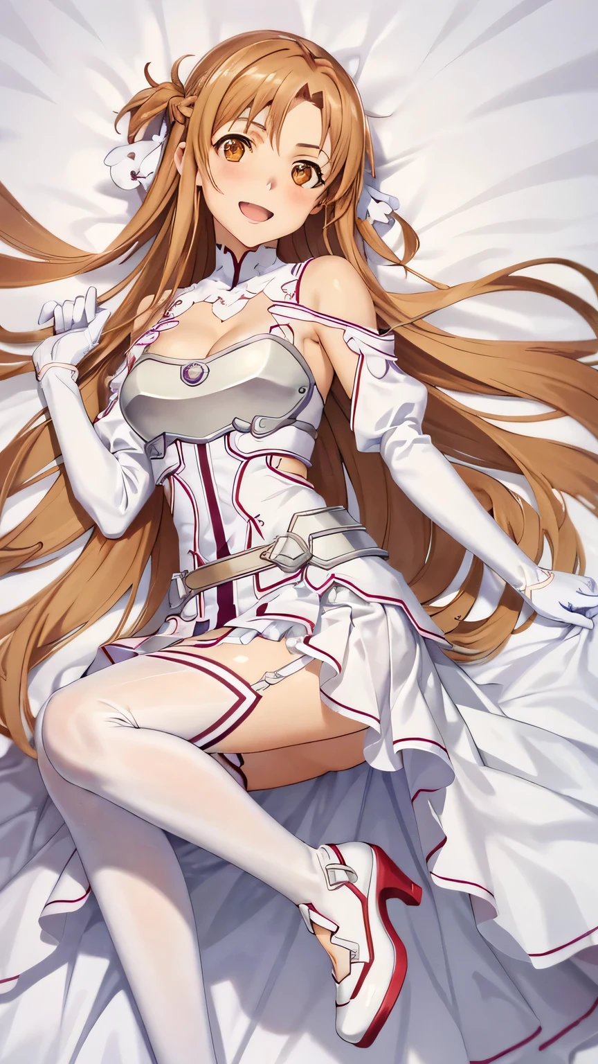((masterpiece)), best quality, ultra detailed,(1girl), long hair,beatiful background ,((a dress with white stockings on garters)), breasts, curvy body,lying, looks to the side, worried face,shows the ass,