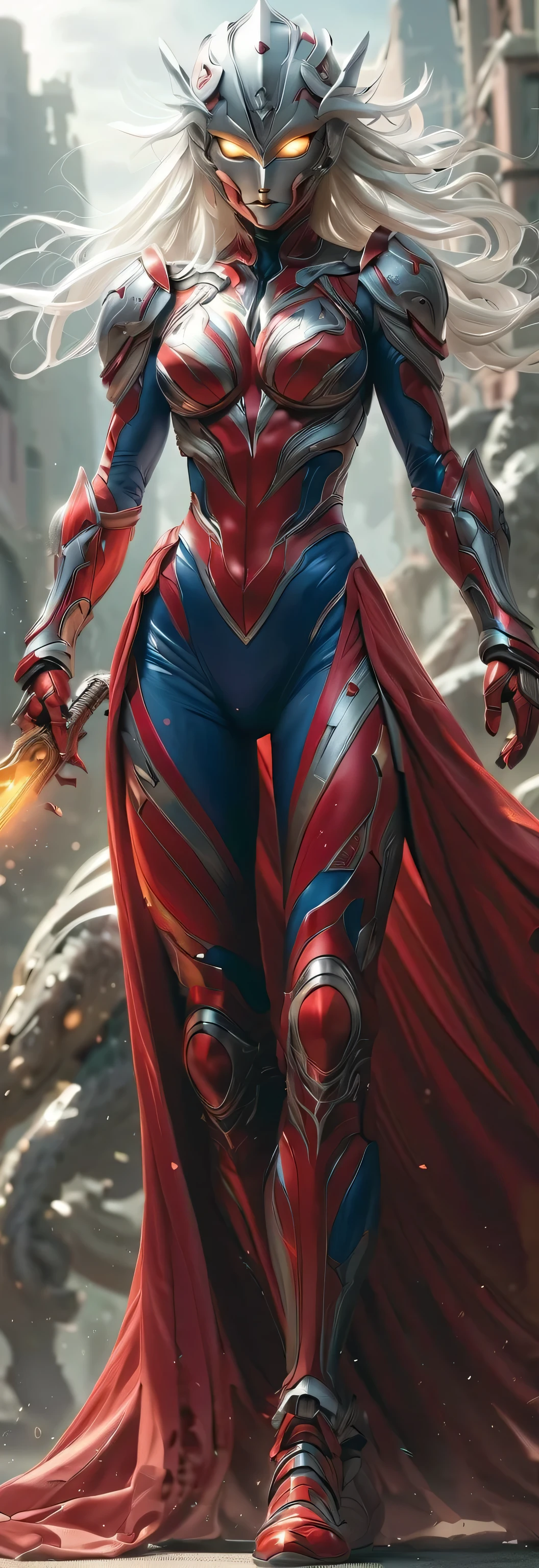 (High quality, 8K high resolution, realistic, very detailed, super resolution), Ultraman Warrior, a young and beautiful girl, wearing an iron mask completely covered, silver messy long hair, big breasts, tall giant body, wearing a red and blue soft jumpsuit, (jumper material: rubber), the scene is fighting with monsters in the suburbs, with her right hand slightly bent and shooting large-scale golden rays from her forearm,(with an iron mask on her face), a large shining gem is inlaid on the chest