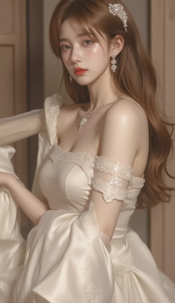 off shoulder dirty dress, open chest, deep cleavage, pearl necklace, puffy sleeves, Plunge Cowl Neck, tangled hair