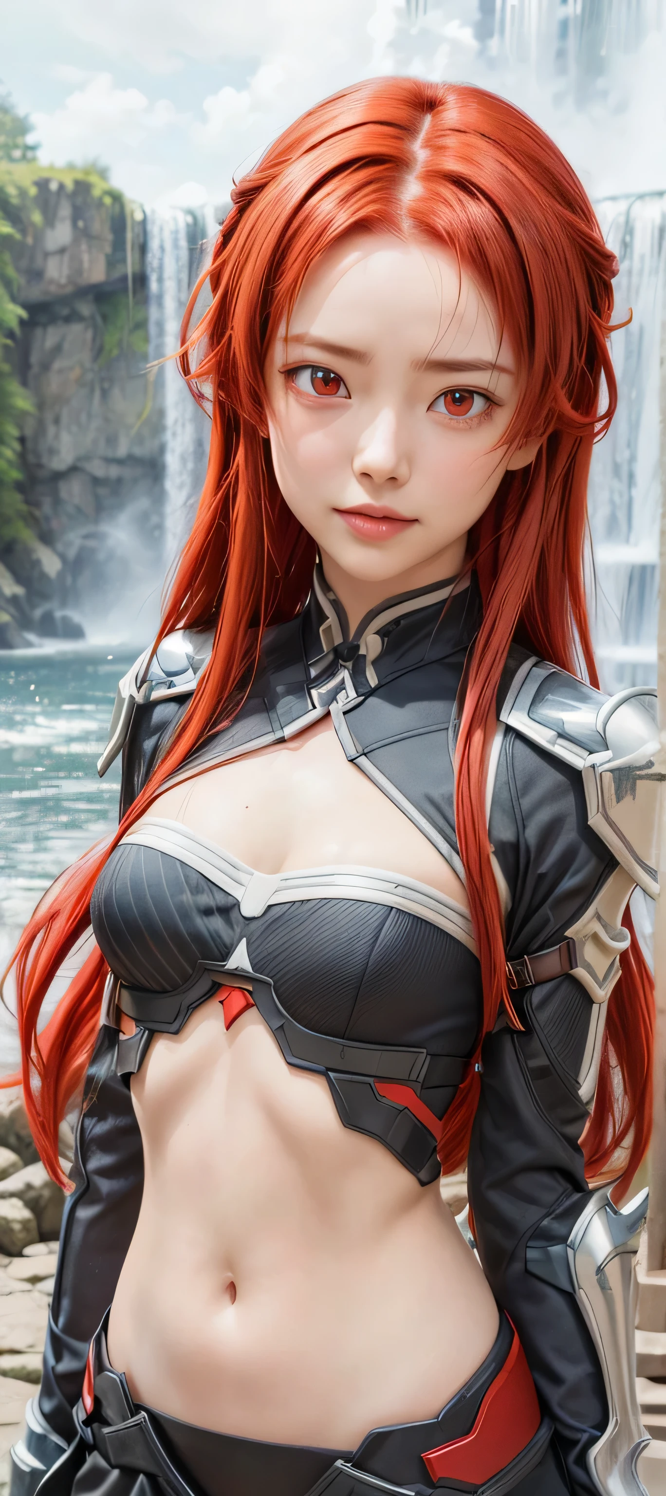 White skined young woman. Siren eyes.bright red eyes. Long curly hair. Maroon red hair color. Wearing silver armor and holding a sword. She has a fantasy-style silver accessory on her head, castle ruins background
