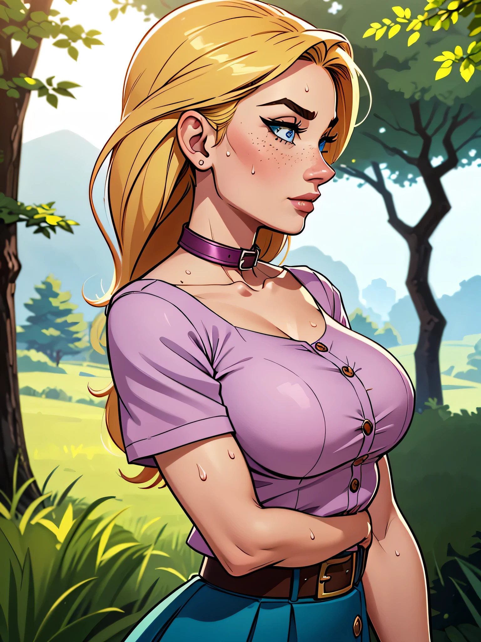 (  absurd, HD , ultra detailed,  be careful with your hand )  Close up of a thin and athletic woman , 25 years, 8k ((  high definition  )),  sighing look,  Seductive look,  blue eyes, nose fine, pink shirt (( with buttons, short sleeves and Italian collar  )),  discreet skirt with belt, cintura fina,  her two arms are positioned on the sides of her body,  white skin ,  blond hair (( long and straight )), walking through the forest ((  Upper body ,  side view )),  with freckles on the neck and breasts  , ((  large, round breasts , sweaty )), (( Well defined collarbone )). Marvel style (( HQ )),  forest in the background.