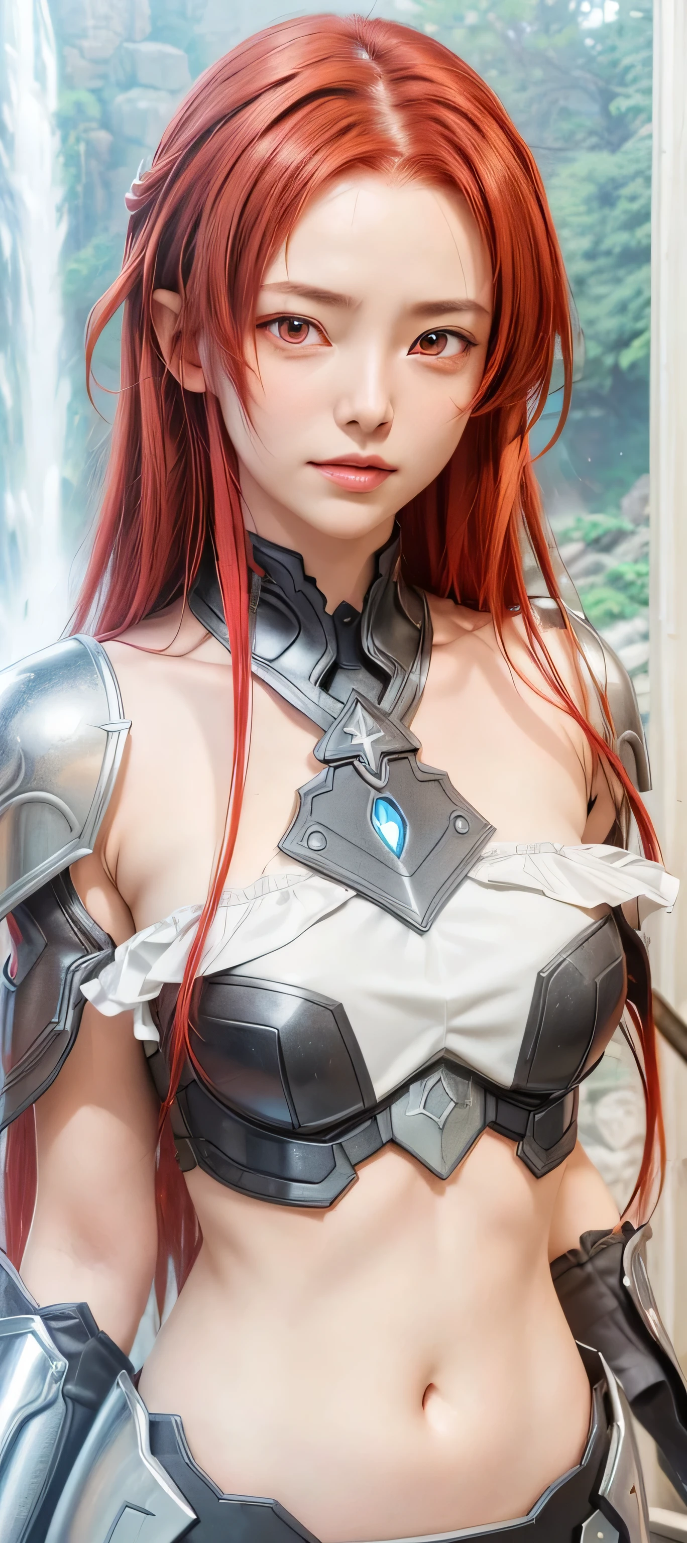 high quality fingers, normal hands, detailed fingers,masterpiece, (realistic, photo-realistic:1.37), (22 years old woman), katarina from league of legends, medium breast, small waist, dark red hair, blue eyes, beautiful face, perfect illumination, beautiful detailed eyes,looking at viewer, stunningly beautiful woman, detailed hairstyle, detailed background,shorts, detailed fantasy background, (sweat:1)