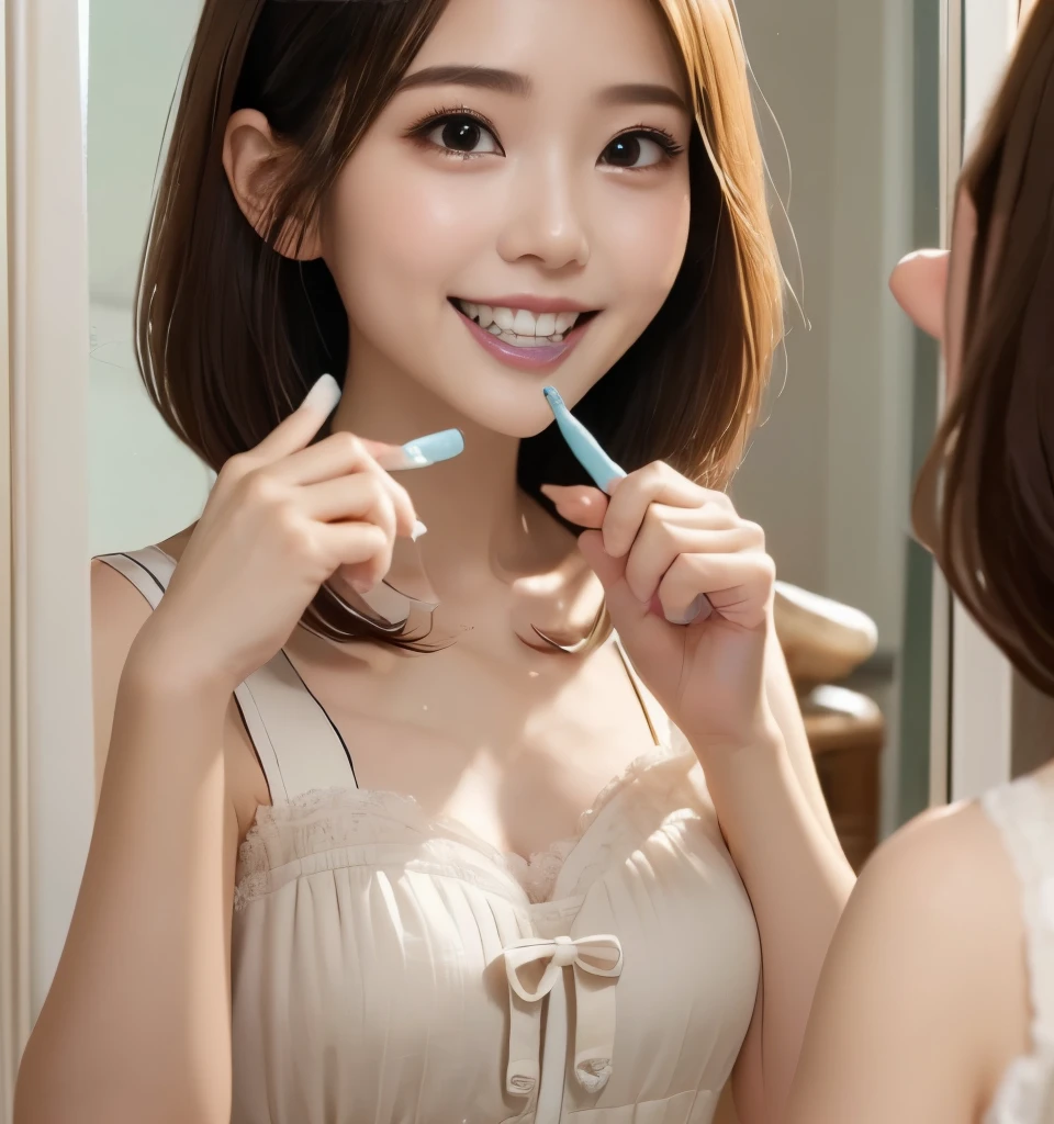 highest quality、、 ultra high resolution 、Clear Photo、 professional lighting 、( cute girl 、 beautiful girl、 Cute Yoda Yuki )、、 Small facVery short hair and white bungee :1.6、smile、 thin waist、 big erect nipples 、( are wearing a white camisole 、 wearing white panties )、 バスルームでBrush your teeth、(Brush your teeth:1.4、Toothpaste:1.2、 thin toothbrush :1.4、Beautiful white teeth )、((Face in the mirror :1.6))、Full body portrait