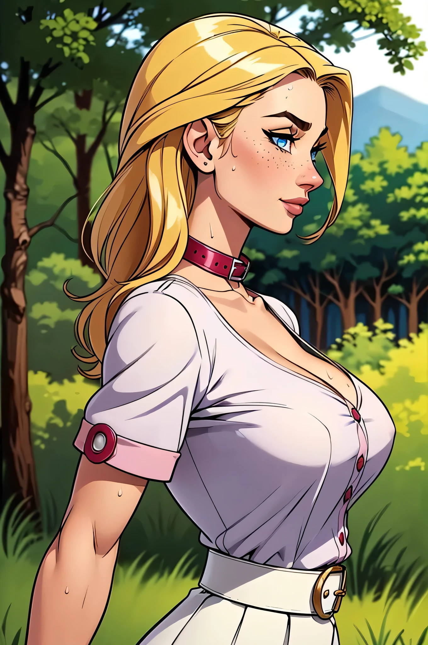 ( absurd, HD , ultra detailed, be careful with your hand ) Close up of a thin and athletic woman , 25 years, 8k (( high definition )), beautiful smile, Seductive look, blue eyes, nose fine, pink blouse (( with buttons, short sleeves and Italian collar )), discreet skirt with belt, cintura fina, both arms positioned on the sides of the body, white skin, blond hair (( long and straight )), character walking through the woods (( upper body, side view )), with freckles on the neck and breasts , (( large, round breasts , sweaty )), (( Well defined collarbone )). Marvel style (( HQ )), forest in the background.