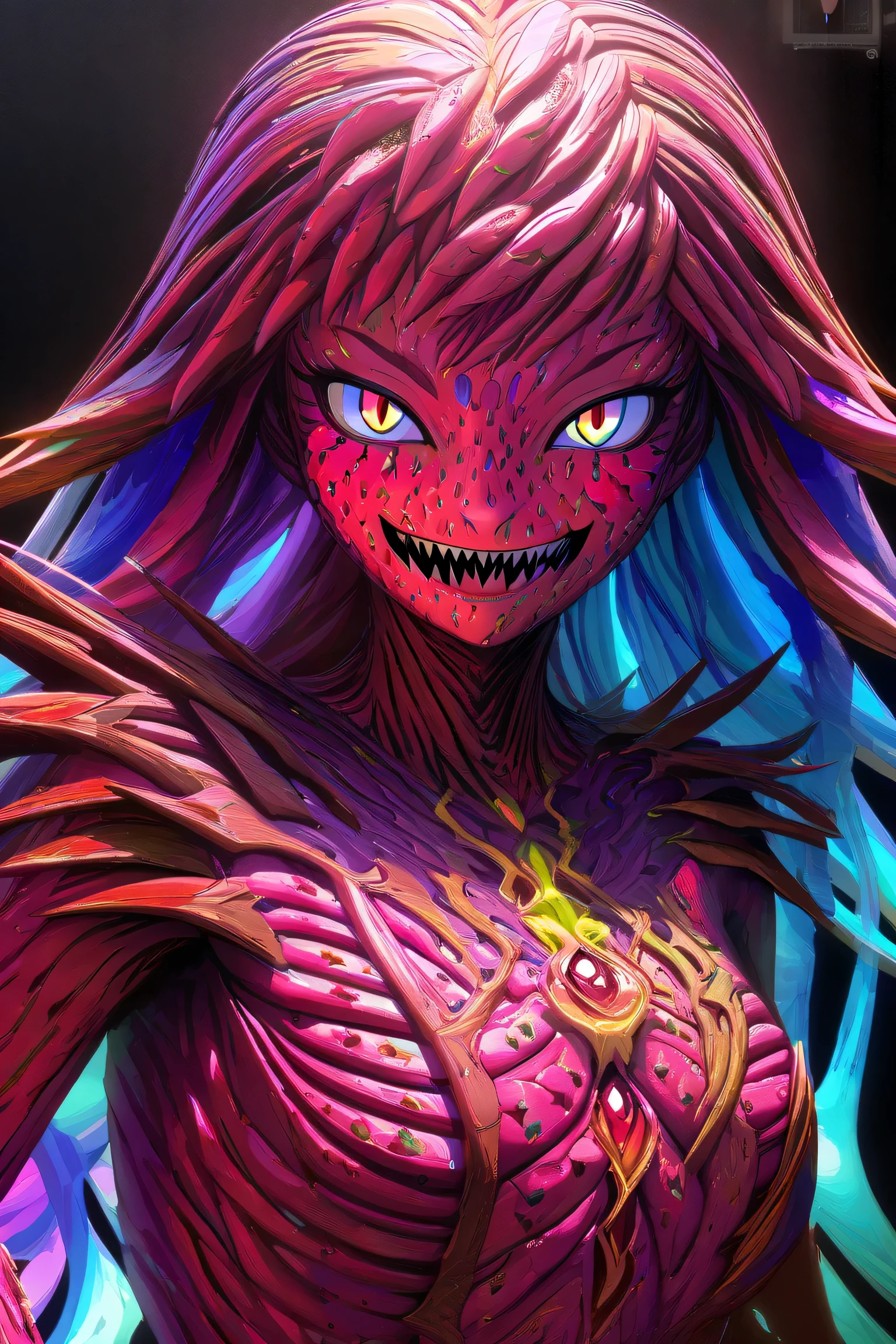 A beautiful anime woman with strawberry skin, sharp teeth, detailed facial features, 8k, highly detailed, vibrant colors, cinematic lighting, concept art