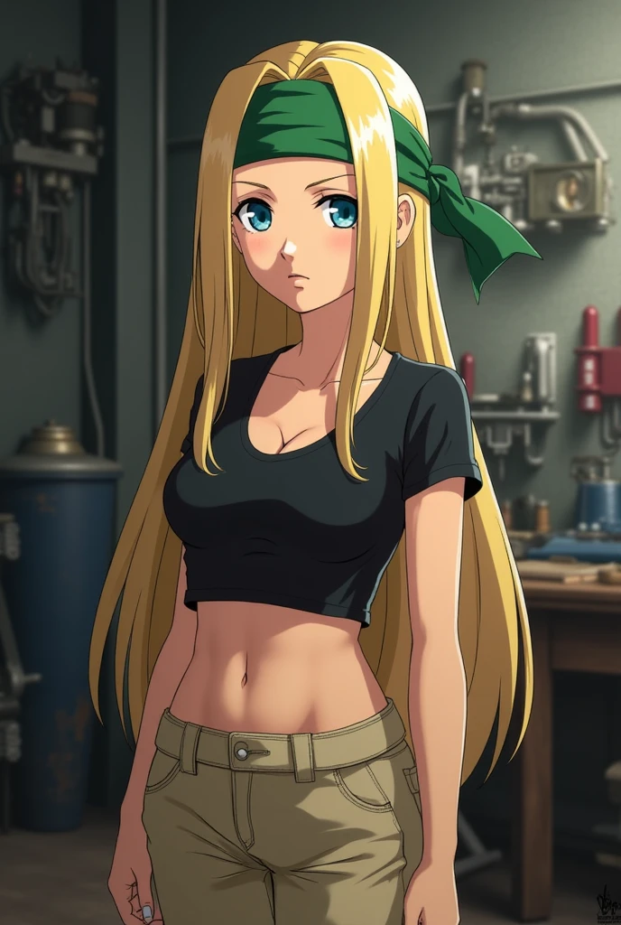 masterpiece, best quality, <lora:winry-nvwls-v1-000008:0.8> winry rockbell, earrings, green bandana, black and white striped sports bra, zipper, clothes around waist, beige pants, looking at viewer, black jacket, profile, street, alleyway, looking at viewer