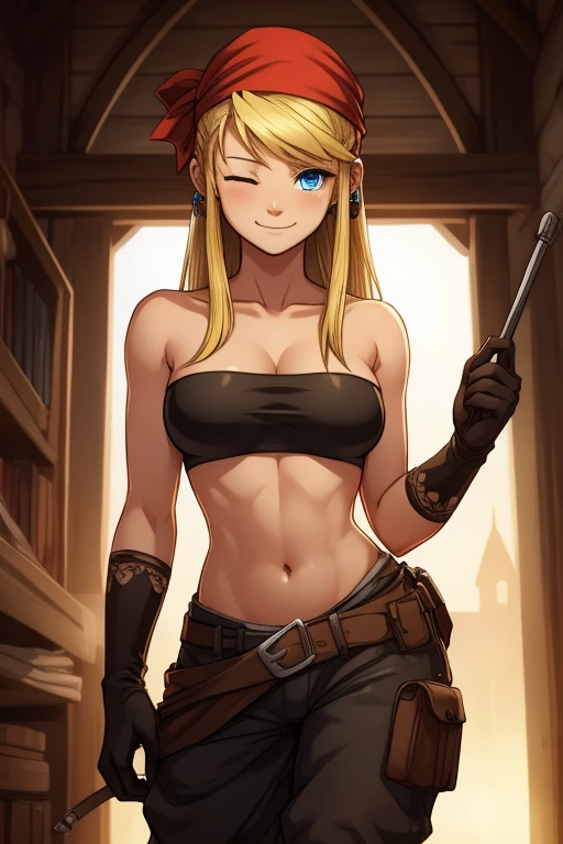 <lora:HNTSADL_Horn_by_minion-44:0.62> hntsadlhorn, charmer, bare shoulders, midriff, skirt, brown gloves, fingerless gloves, green eyes, cute pose, wink, kawaii, by artgerm, cinematic 4k wallpaper,ultra detailed, high resolution, artstation, award winning, 1girl, solo, looking at viewer, cowboy shot