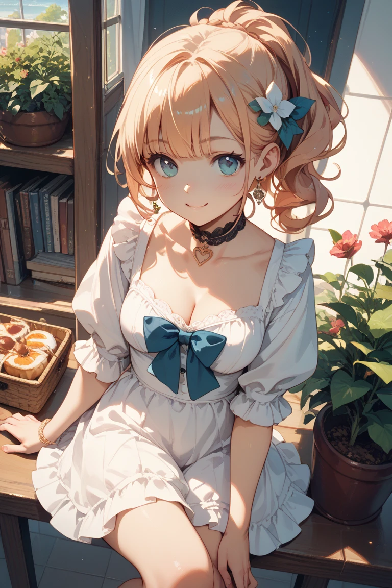 (Best quality, 8k, 32k, Masterpiece, UHD,:1.2),RAW, human, 1girl,ultra cute , ultra cute, natural lighting, transparent shining eyes, 20yo, medium breast ,femur, fair complexion , flushed face, ,Homemade Country Dress,long-sleeved dress in muted colors, Handmade apron for practicality and style, sturdy fabrics like cotton, Happily Smiling, ((sitting with legs outstretched)), on sofa, emerald green, From the front and above, Closeup shot, Cleavage Cutout, blonde ponytail, arms between legs, emphasizing the Cleavage, breast shot, heart, off-shoulder